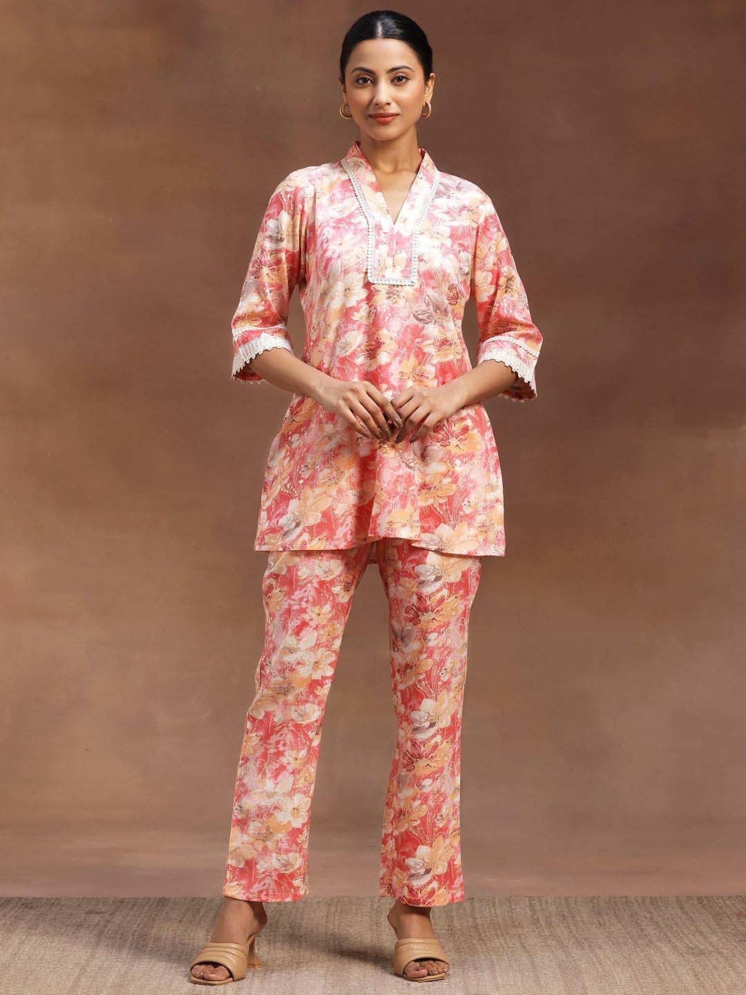 Libas Peach Printed Cotton Blend Co-Ords