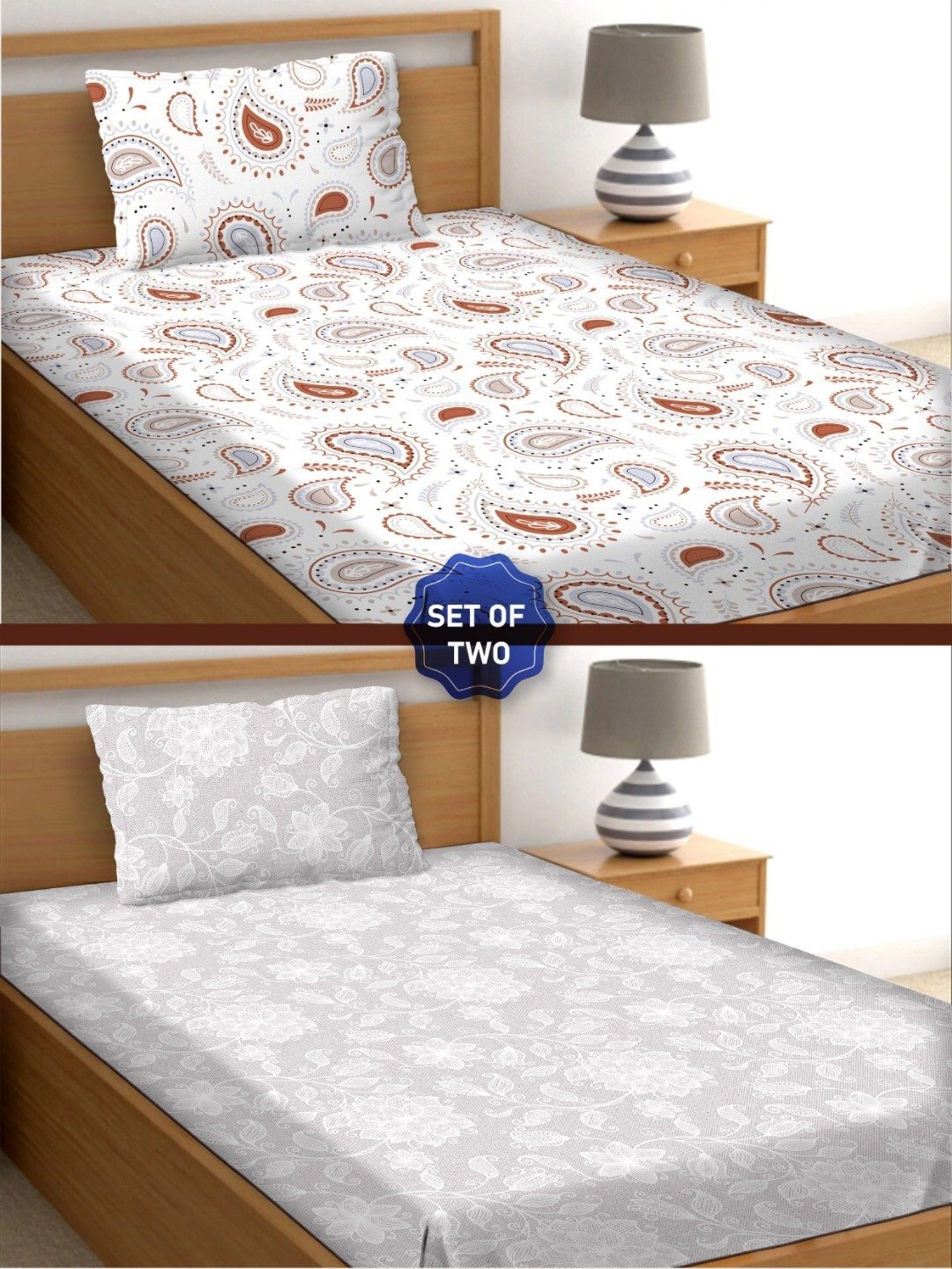 BELLA CASA Orra Printed Multicolor 180 TC Cotton Single 2 Bedsheet with 2 Pillow Covers