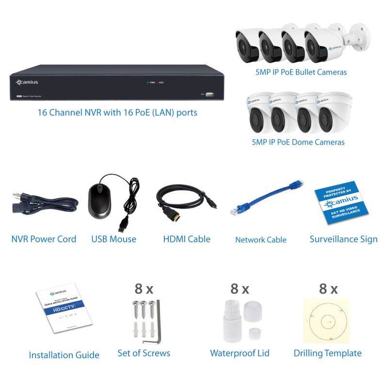 Camius PoE 4K 16 Channel NVR system with 3TB HDD, 8 x 5MP PoE Dome & Bullet IP Security Cameras with Audio (built-in mic), Night vision, Motion, Sound Detection, PC, Mac, Phone App view - 16PP4B4I3T