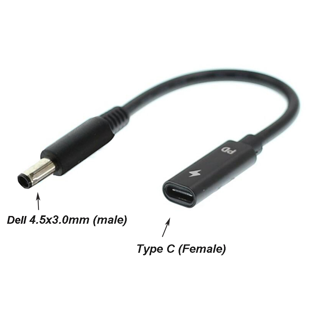 USB C Type C Female to 4.5x3.0mm DC Tip (Black Tip) Adapter Cable PD Converter Cable for Dell 65W or below laptops