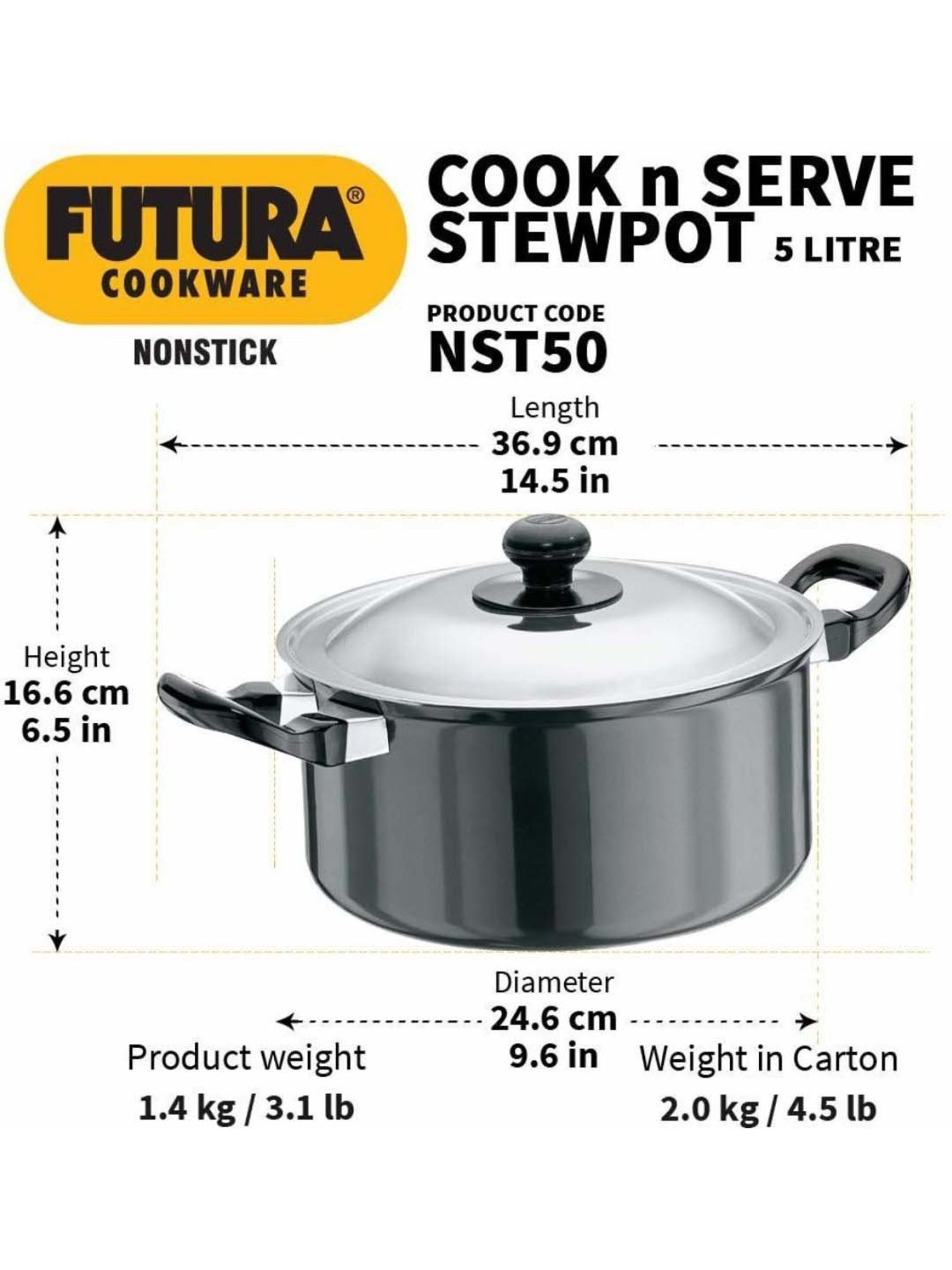 Hawkins Black Hard Anodised 24.6 cm Non-Stick Stewpot (5 L) - Set of 1