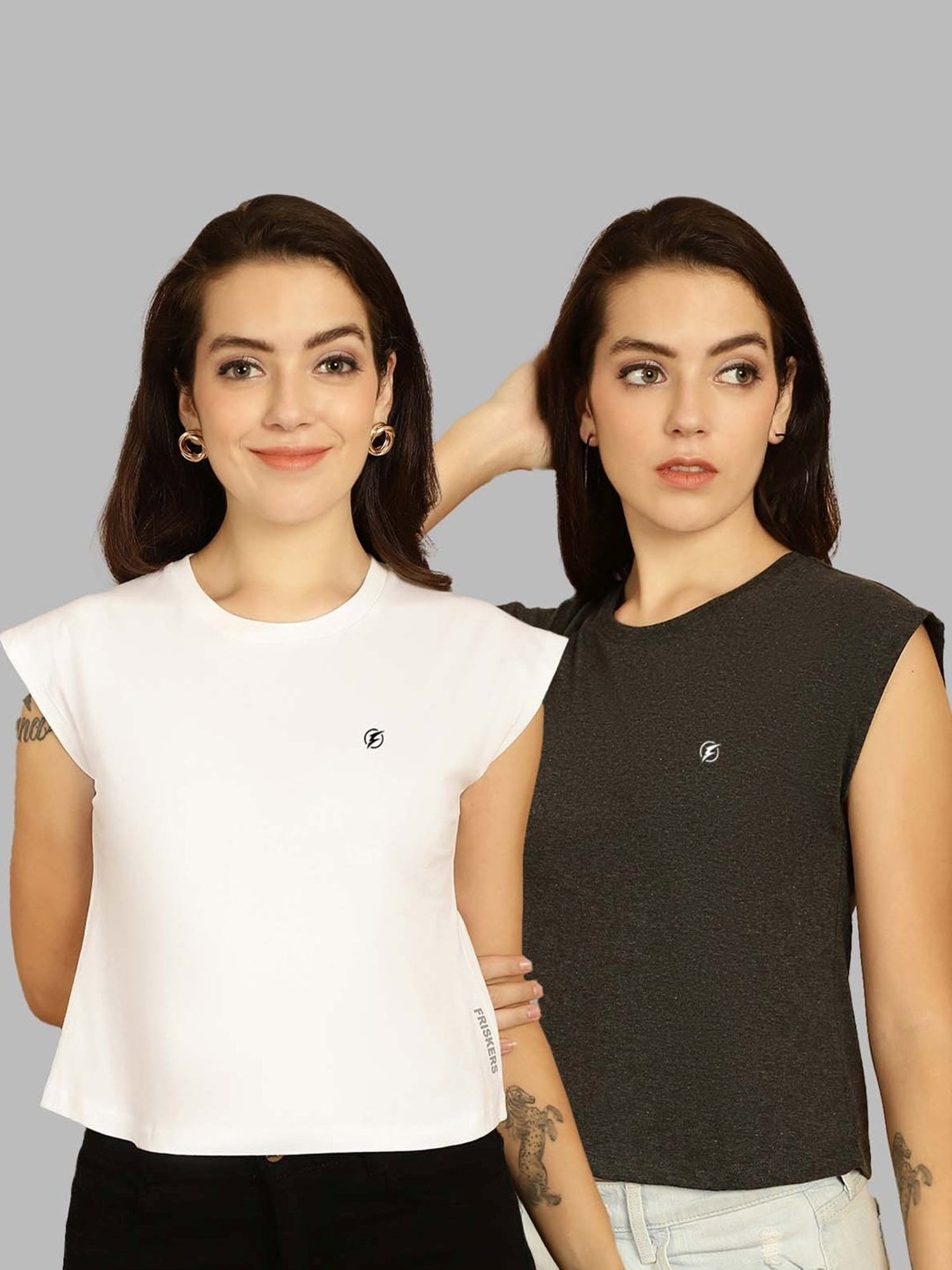 Friskers White & Grey Slim Fit Sports T-Shirts - Pack Of 2