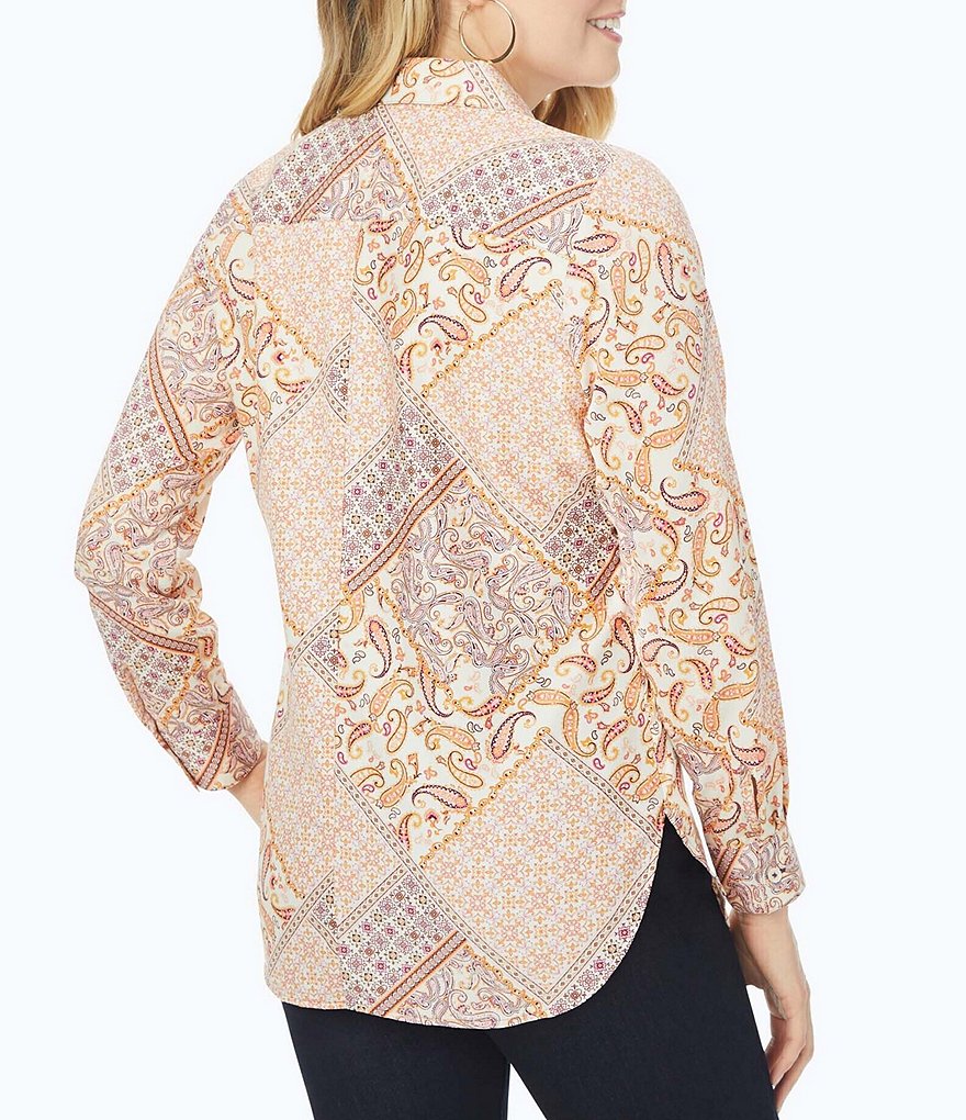 Foxcroft Plus Size Maven Long Sleeve Non-Iron Boho Scarf Print Point Collar Button Front Shirt
