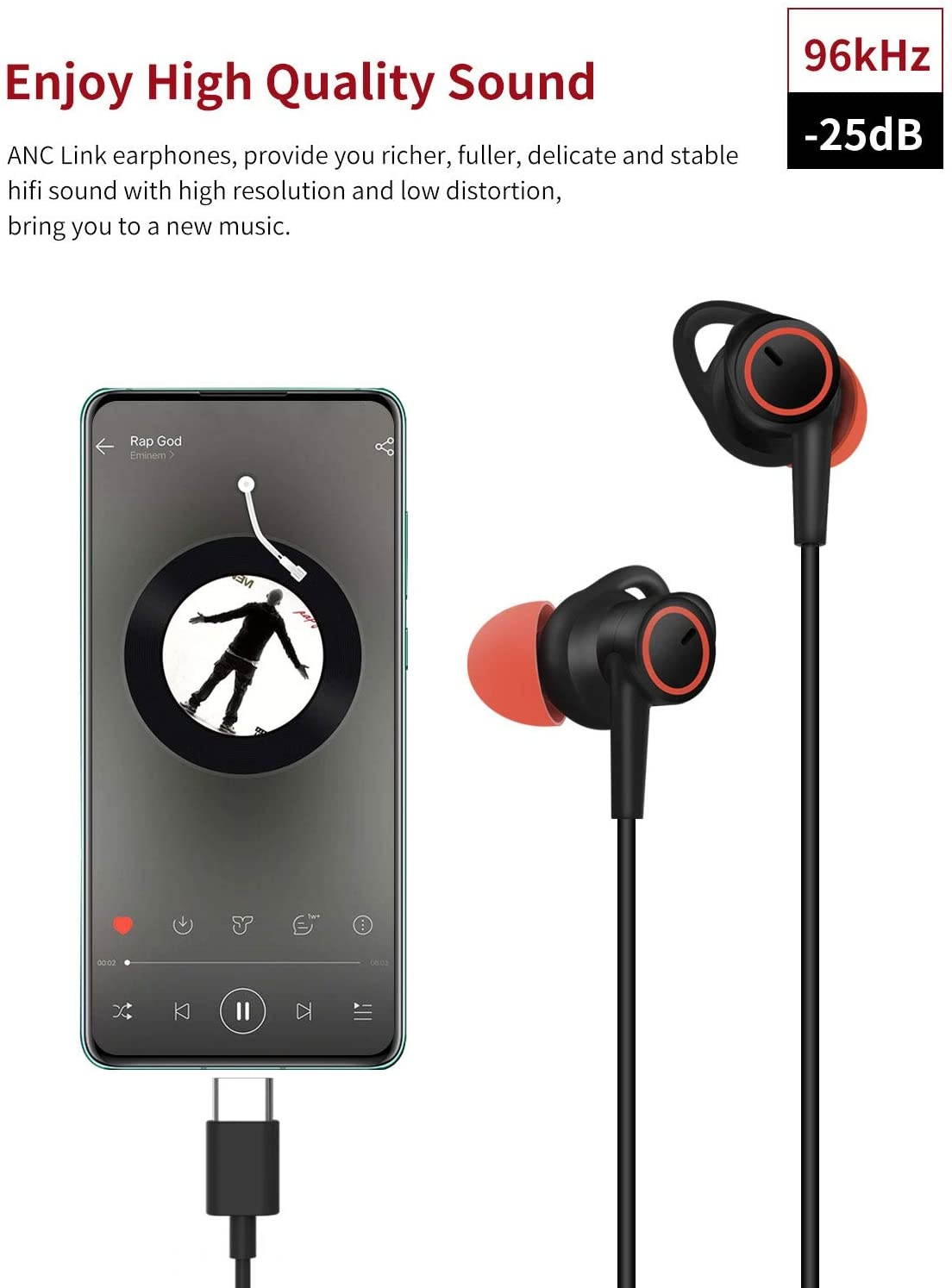 dyplay USB C Headphones Active Noise Cancelling in-Ear Headphones with ANC & MEMS Mic Hi-Fi Stereo Wired Earbuds Compatible with New iPad Samsung HTC Huawei Google Pixel 3/2/XL Xiaomi