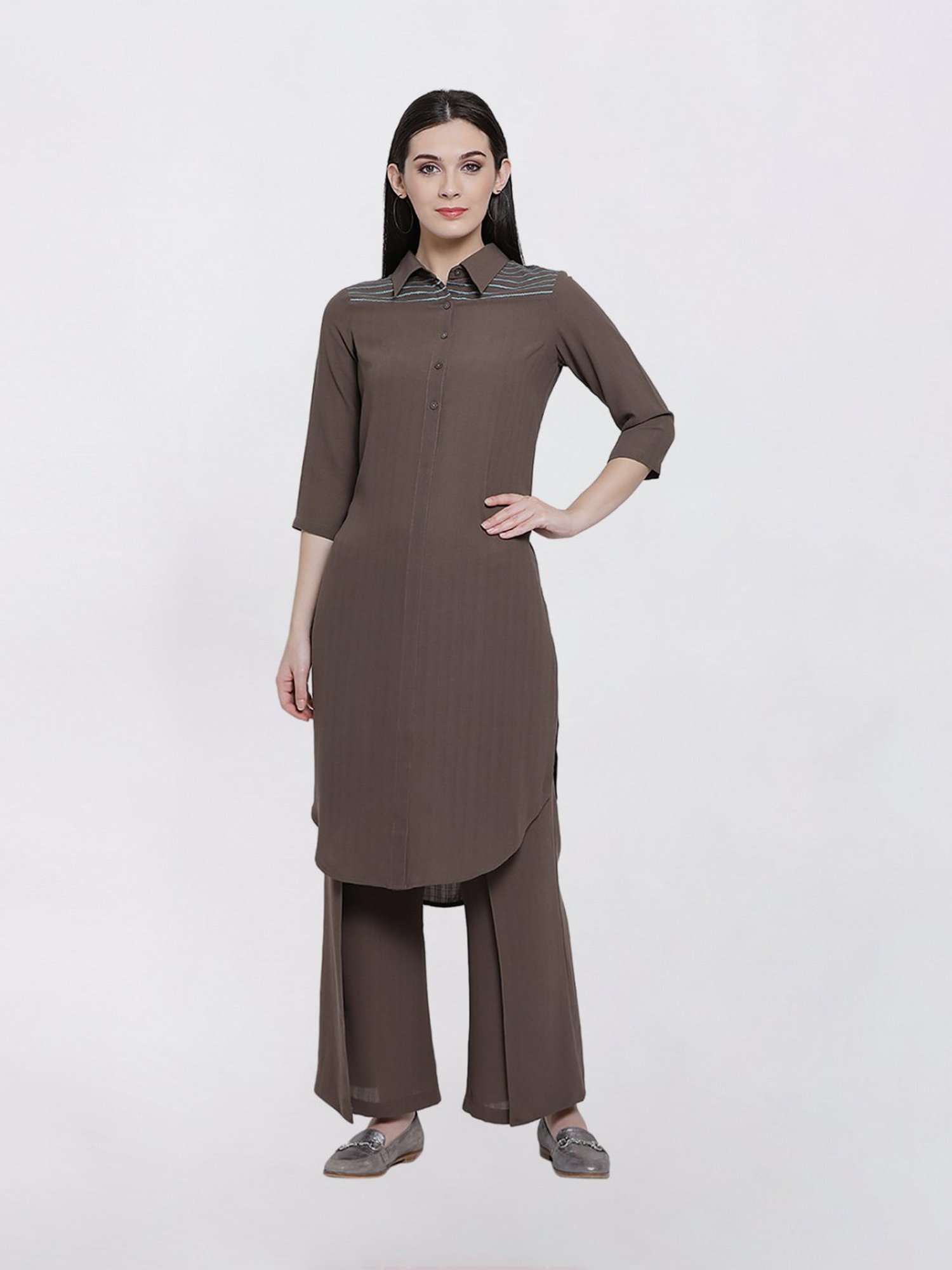 Office & You Earth Brown Long Kurti With Teel Blue Embellishment