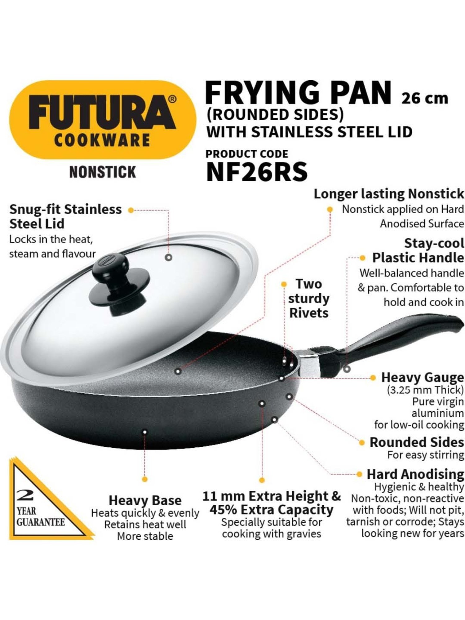 Hawkins Futura Nonstick Frying with Rounded Sides Fry Pan 24 cm diameter with Lid 1 L capacity