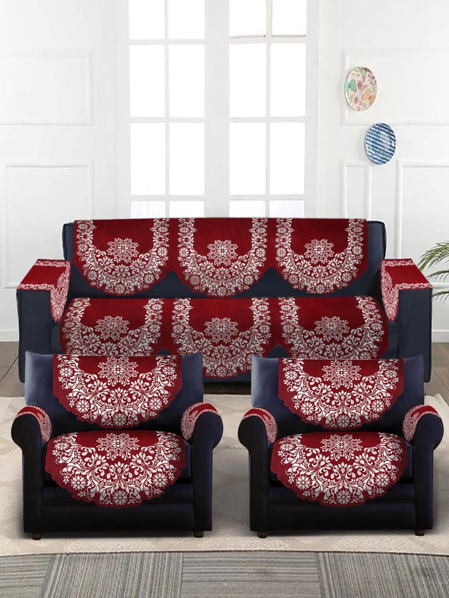 HOSTA HOMES Woven Maroon & White 5 Seater With Arm Rest Sofa Cover