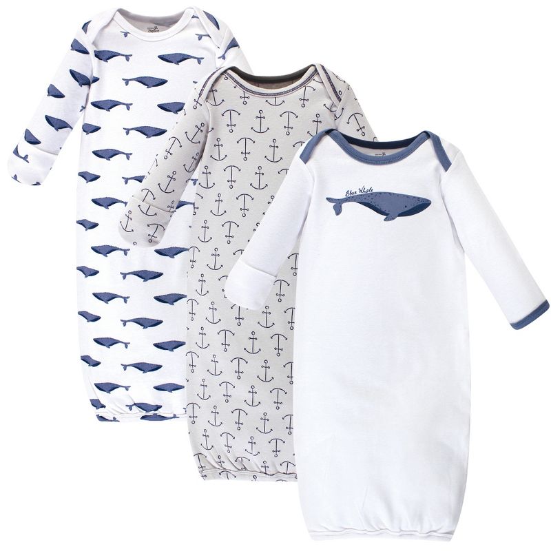 Touched by Nature Baby Organic Cotton Long-Sleeve Gowns 3pk, Blue Whale, 0-6 Months