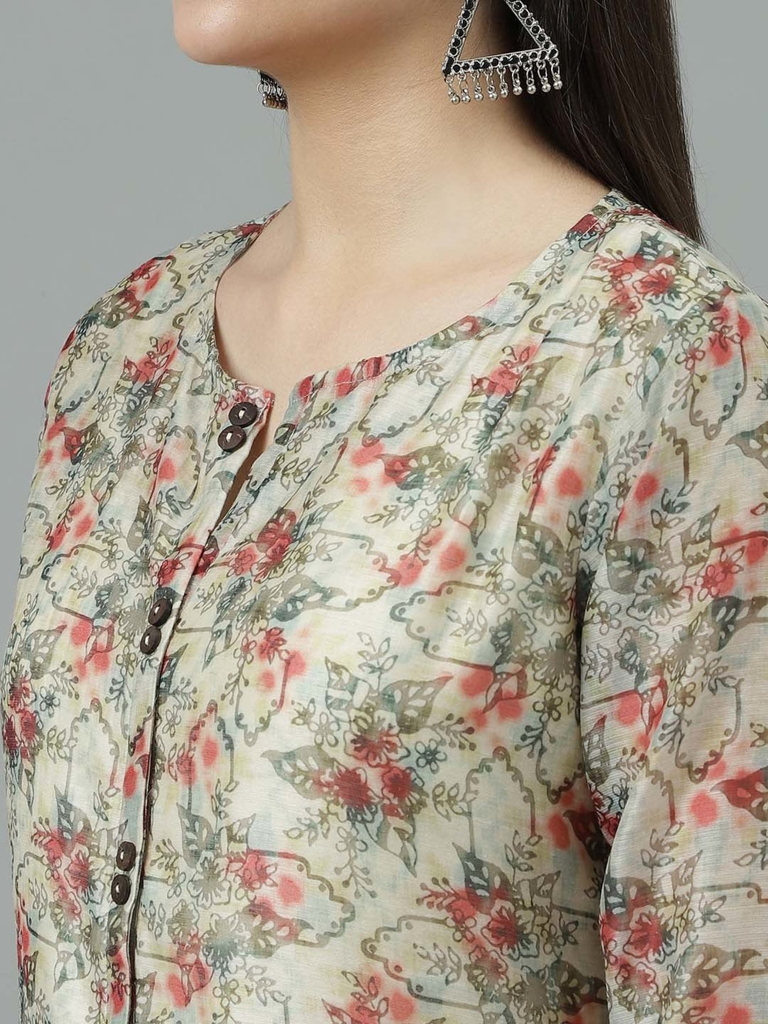 Sringam Beige & White Floral Print Kurta Pant Set With Dupatta