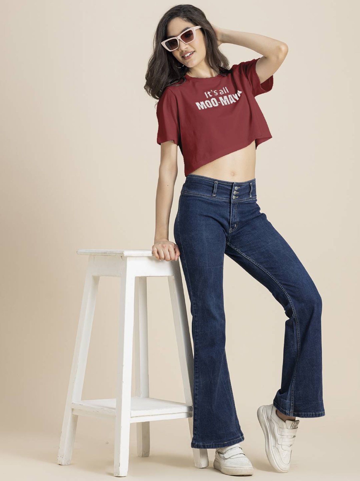 Moomaya Red Graphic Print Crop T-Shirt