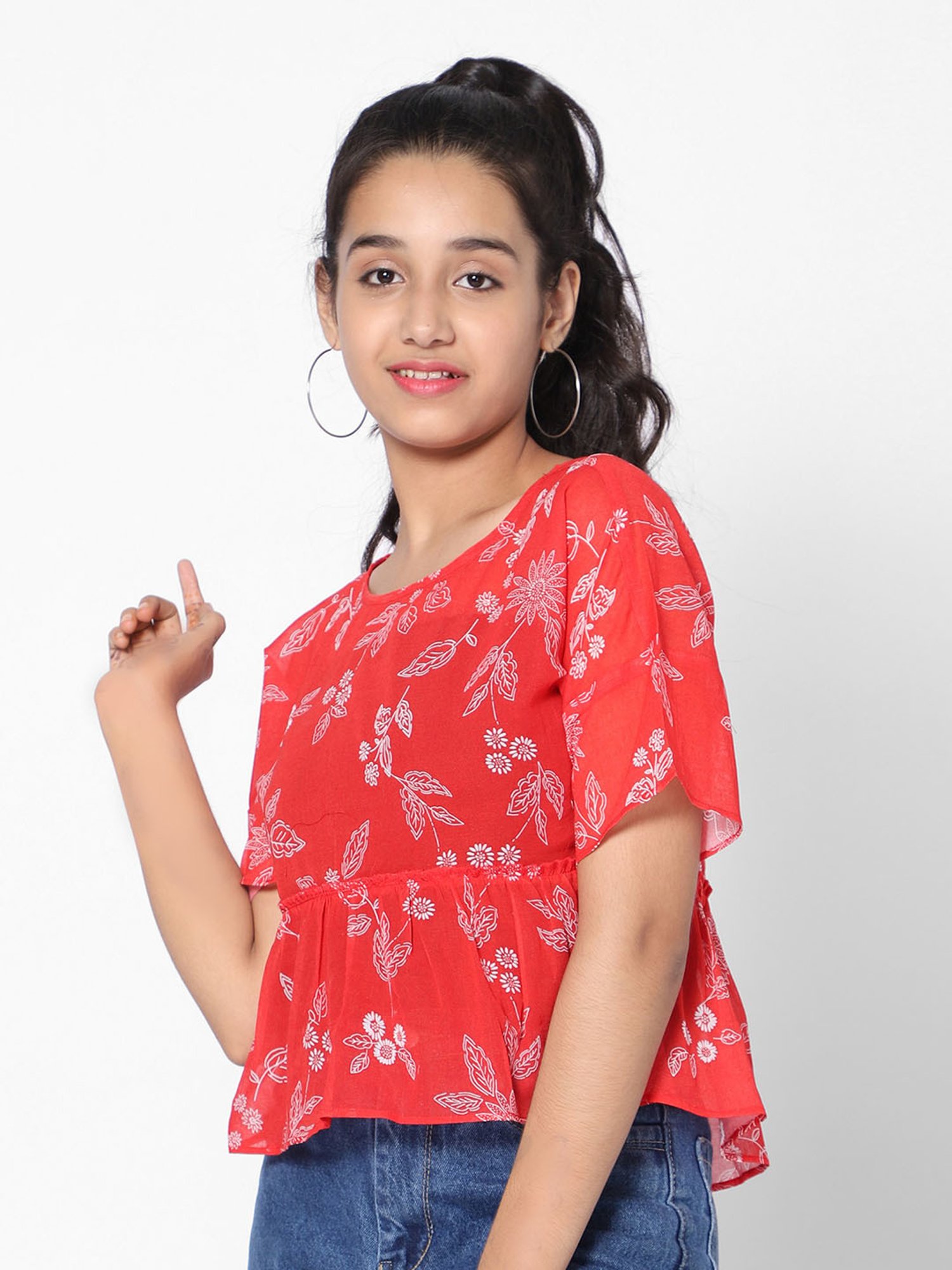 TeenTrums Girls Red Floral Print Top