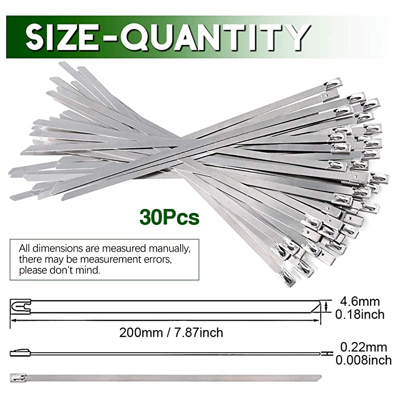 30Pcs 8 Inches 304 Stainless Steel Zip Ties Exhaust Wrap Coated Locking Metal Cable Zip Ties for Computer Wire Harness Automotive Parts and more