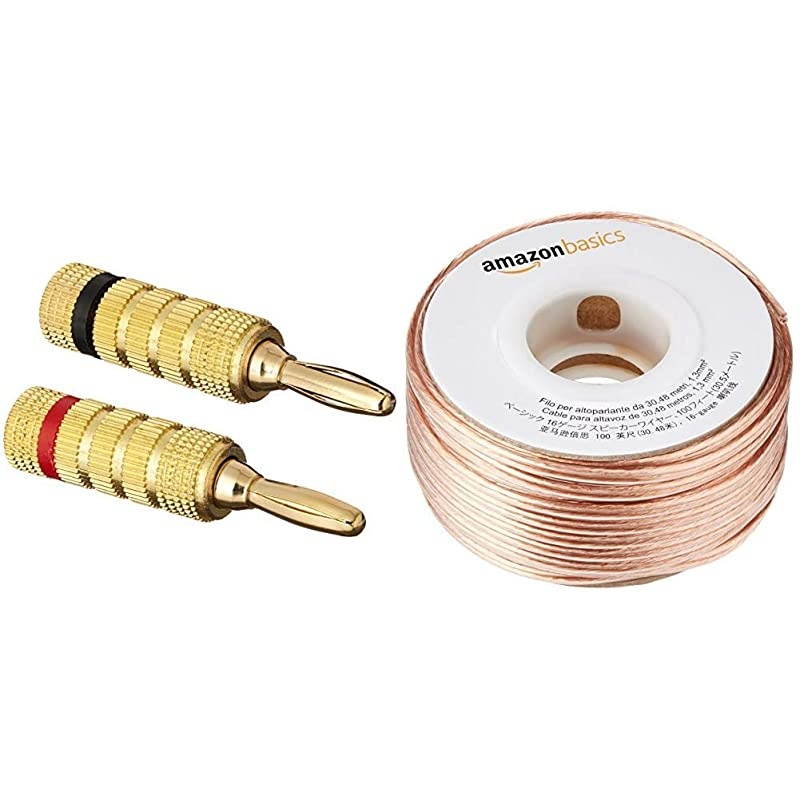 10 Pairs of Gold Plated Speaker Banana Plugs, Closed Screw Type &  Basics SW100ft 16-Gauge Speaker Wire - 100 Feet