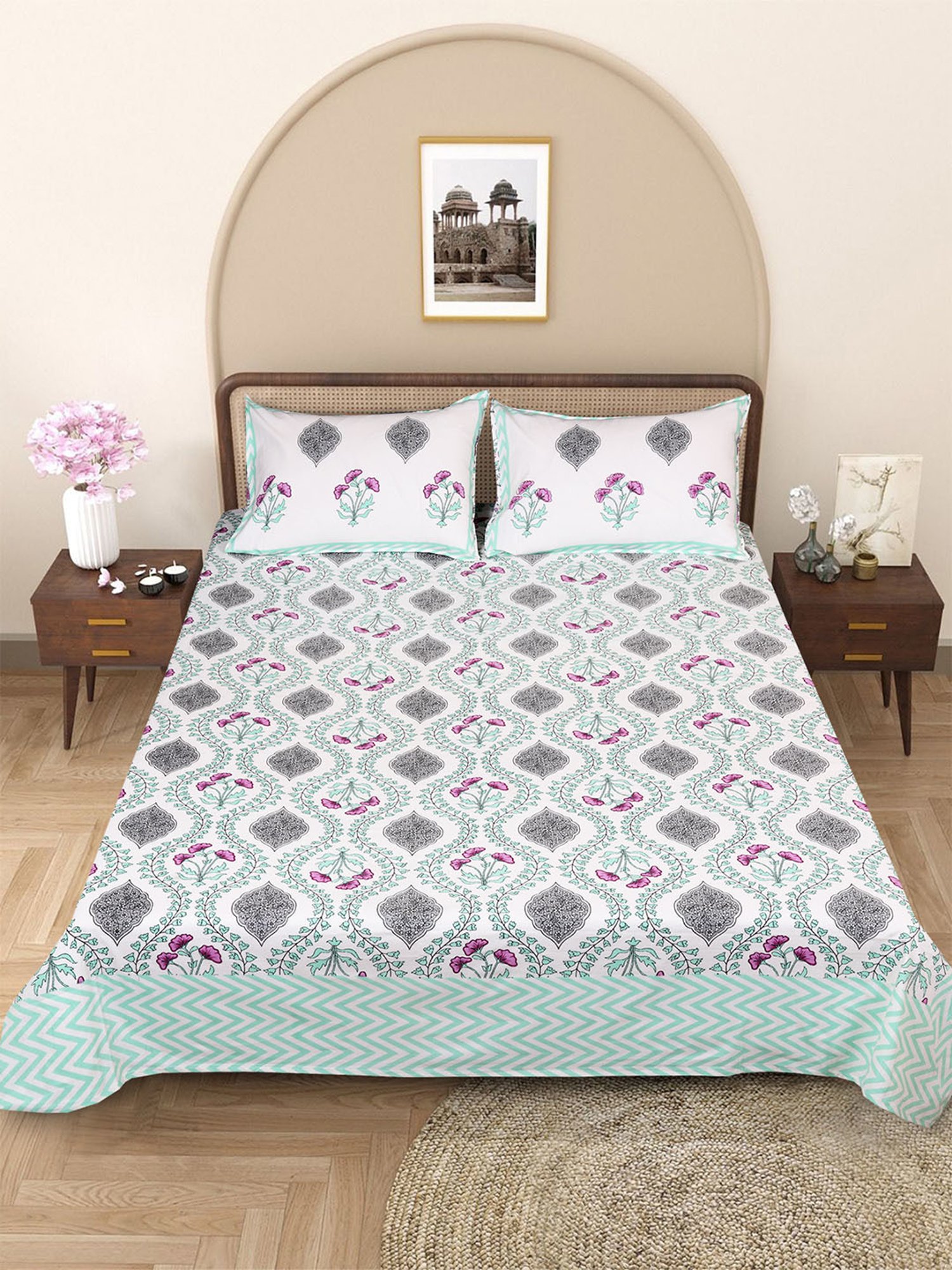 Romee White Cotton Floral Bed Sheets