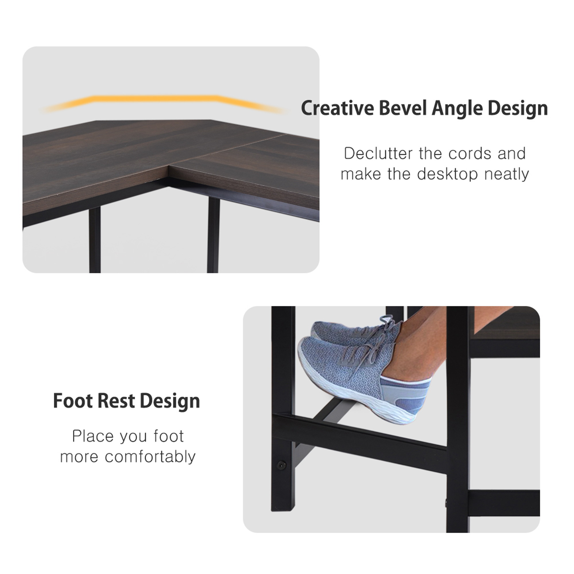 Modern L-Shaped Corner Desk Computer Office Desk Gaming Desk PC Laptop Gaming Table Workstation With 2-Tier Storage Shelves For Home Office Solid Metal Frame With Foot Rest (Walnut)