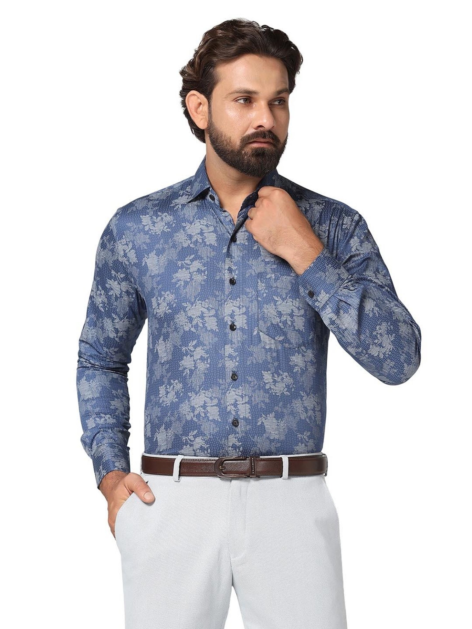 TAHVO Dark Blue Slim Fit Printed Shirt