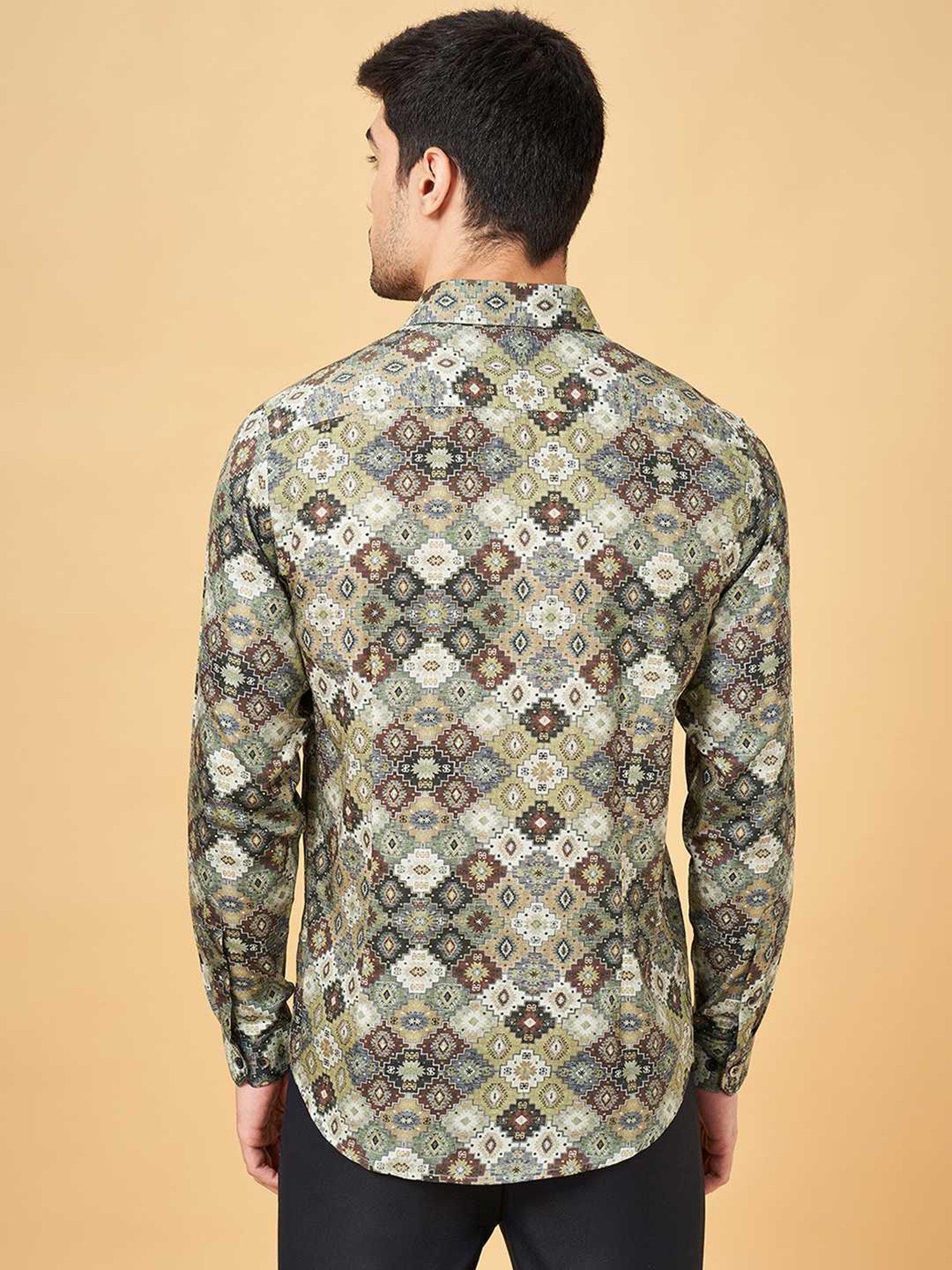 Peregrine By Pantaloons Olive Slim Fit Printed Shirt