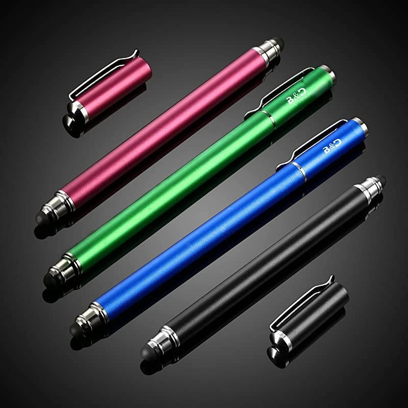 Capacitive Stylus / Styli 2-in-1 Universal Touch Screen Pen for All Touch Screen Tablets / Cell Phones with 20 Extra Replaceable Soft Rubber Tips (4 Pieces, Black/Blue/Purple/Green)