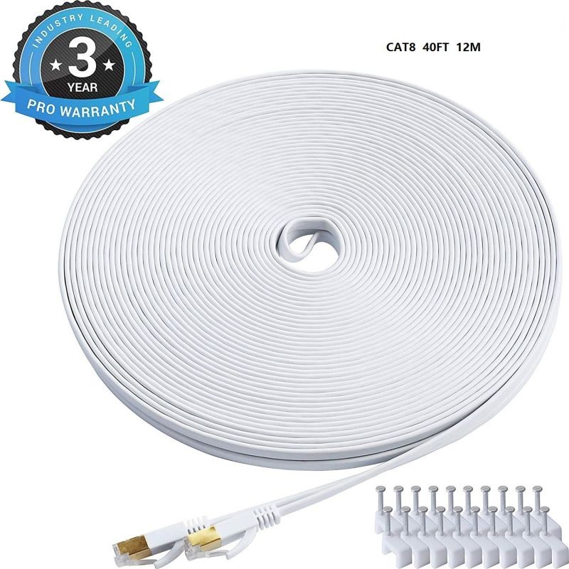 Cat 7 Ethernet Cable 100 ft LAN Cable Internet Network Cord for PS4, Xbox, Router, Modem, Gaming, White Flat Shielded 10 Gigabit RJ45 High Speed Computer Patch Wire.