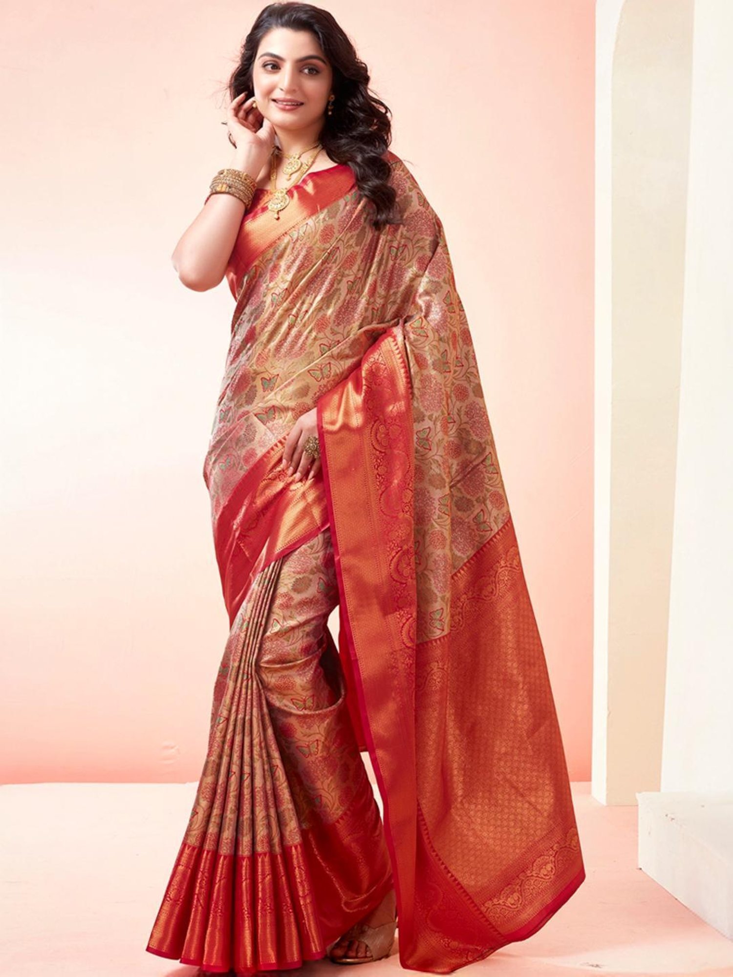Satrani Beige & Maroon Woven Saree With Unstitched Blouse