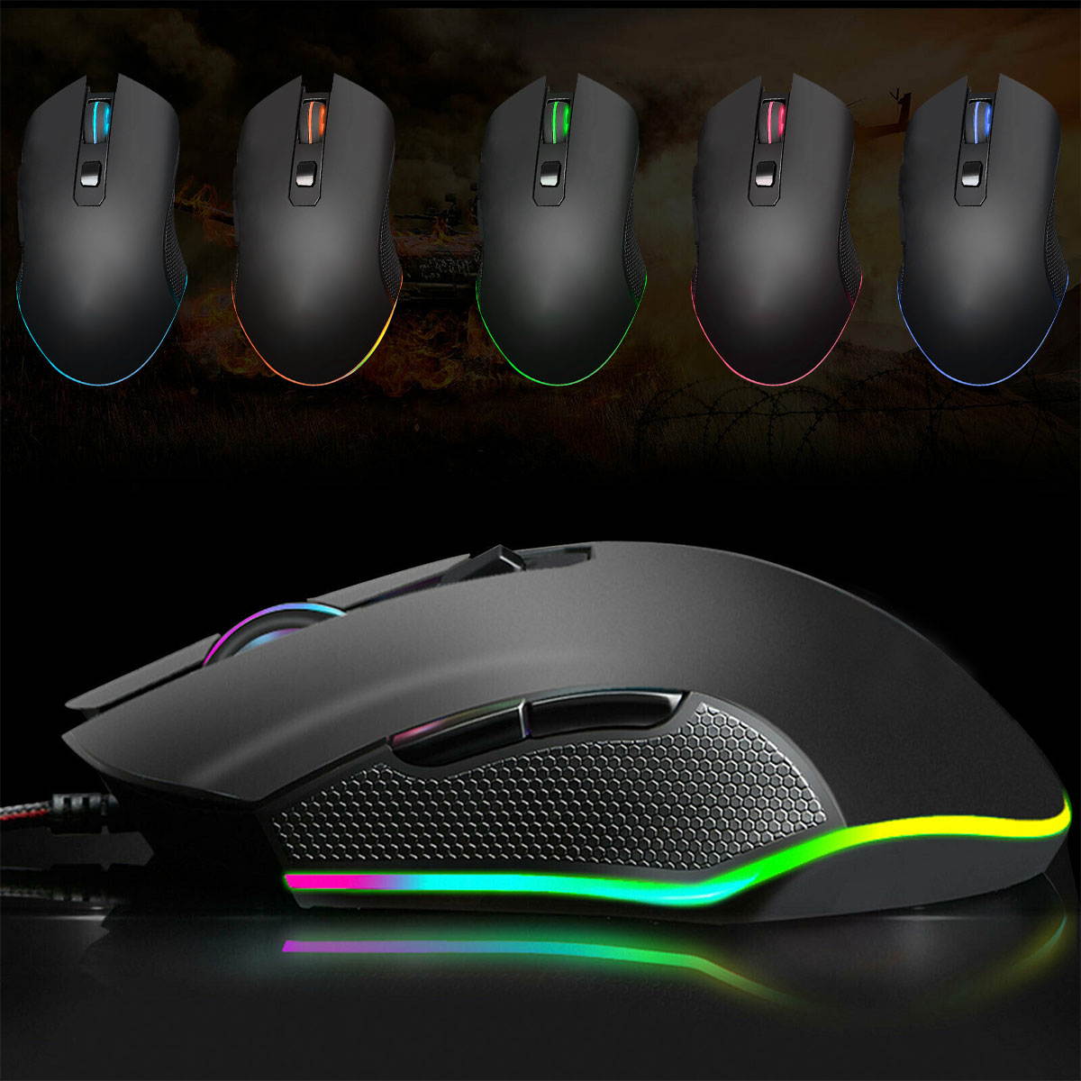 Wired Gaming Mouse RGB Backlight 3200DPI Programmable, Game USB Mice Desktop Laptop Computer PC Gaming Mouse, 6 Buttons Optical Mic for Windows 7/8/10/XP Vista Linux, Black