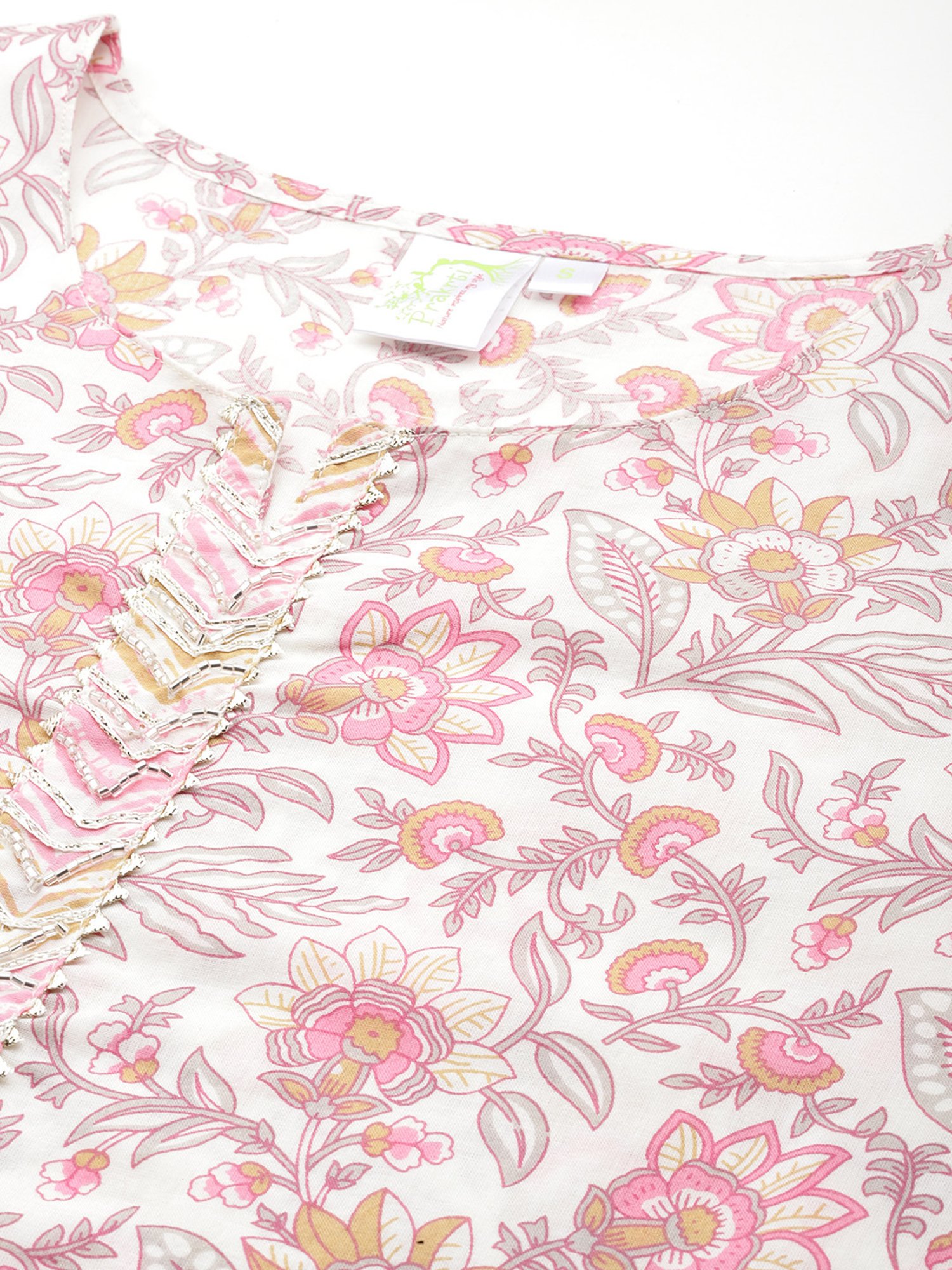 Prakrti White Cotton Floral Print Kurta With Pant & Dupatta