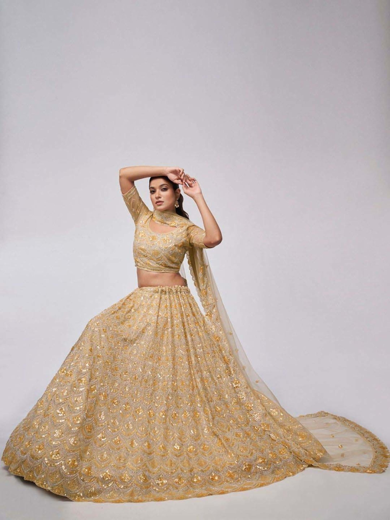 Odette Beige Embroidered Semi-Stitched Lehenga Choli Set with Dupatta