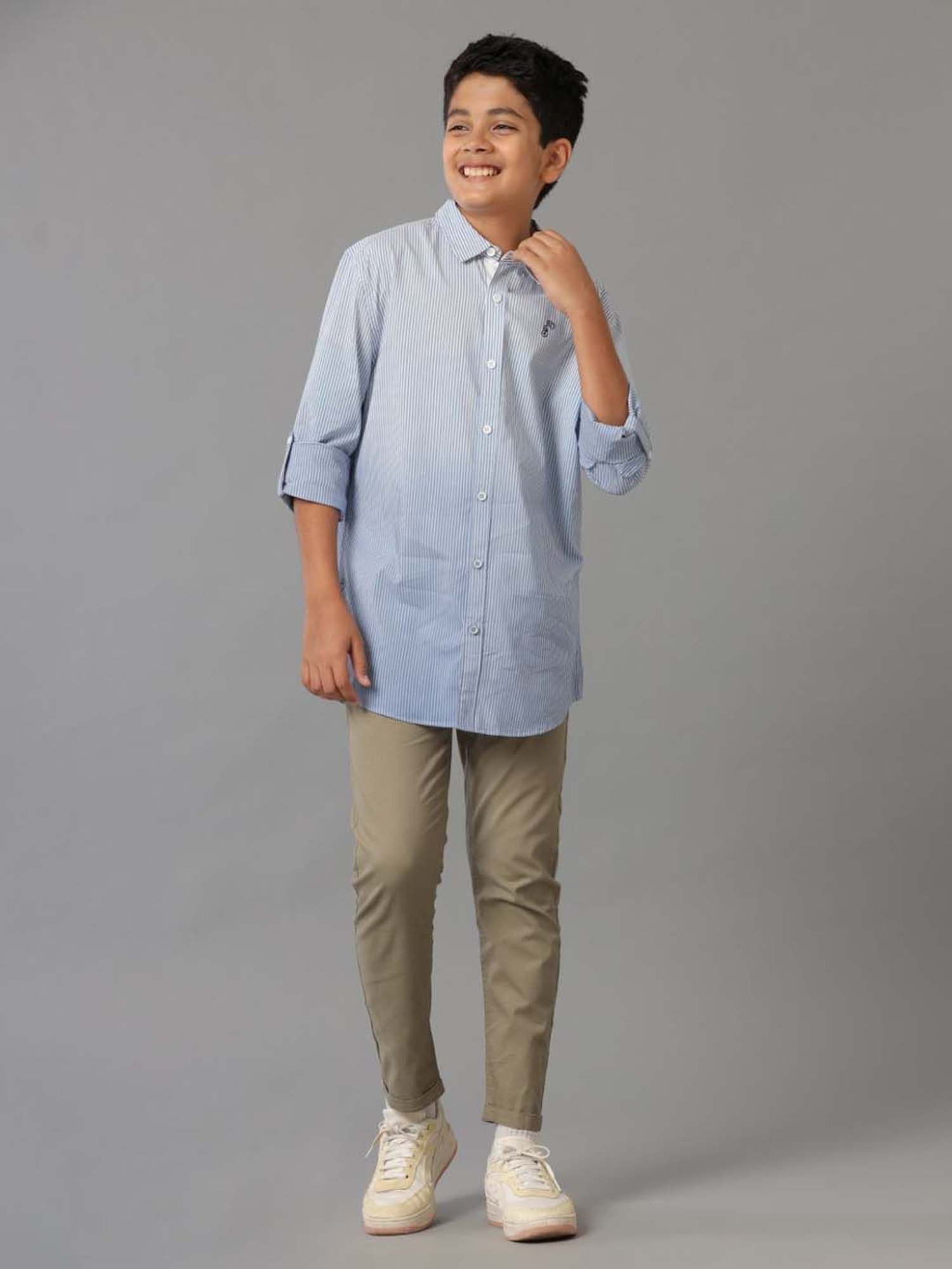 Under Fourteen Only Boys Blue Cotton Striped Full Sleeves Shirt