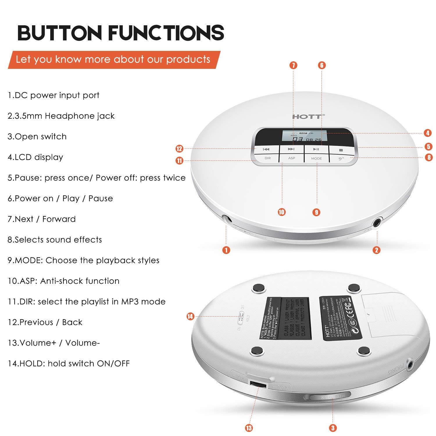 CD Player with Headphones, HOTT Personal CD Walkman Music Player with LCD Display, Skip Protection Shockproof Anti Scratch Function, Support CD, MP3 CD, CD-R, CD-RW Format - Black
