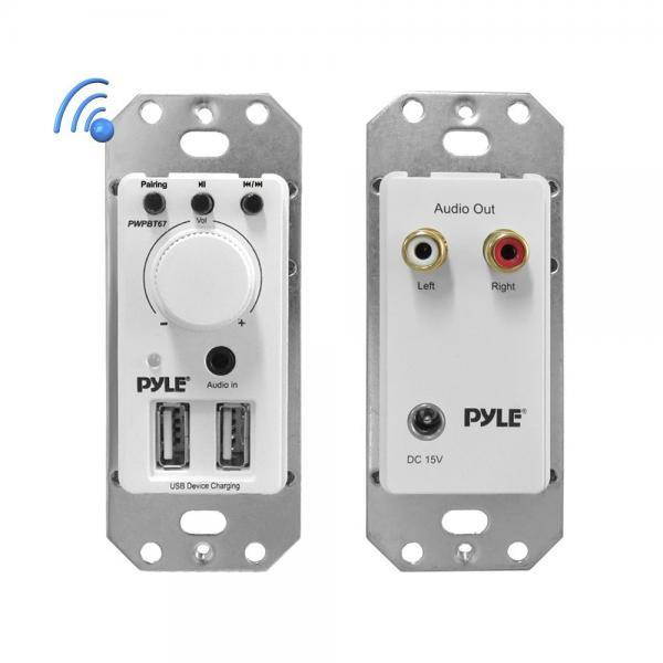 Pyle In-Wall Bluetooth Audio Receiver Wall Plate | Dual USB Device Chargers | Aux (3.5mm) Input for Sound Systems (PWPBT67)