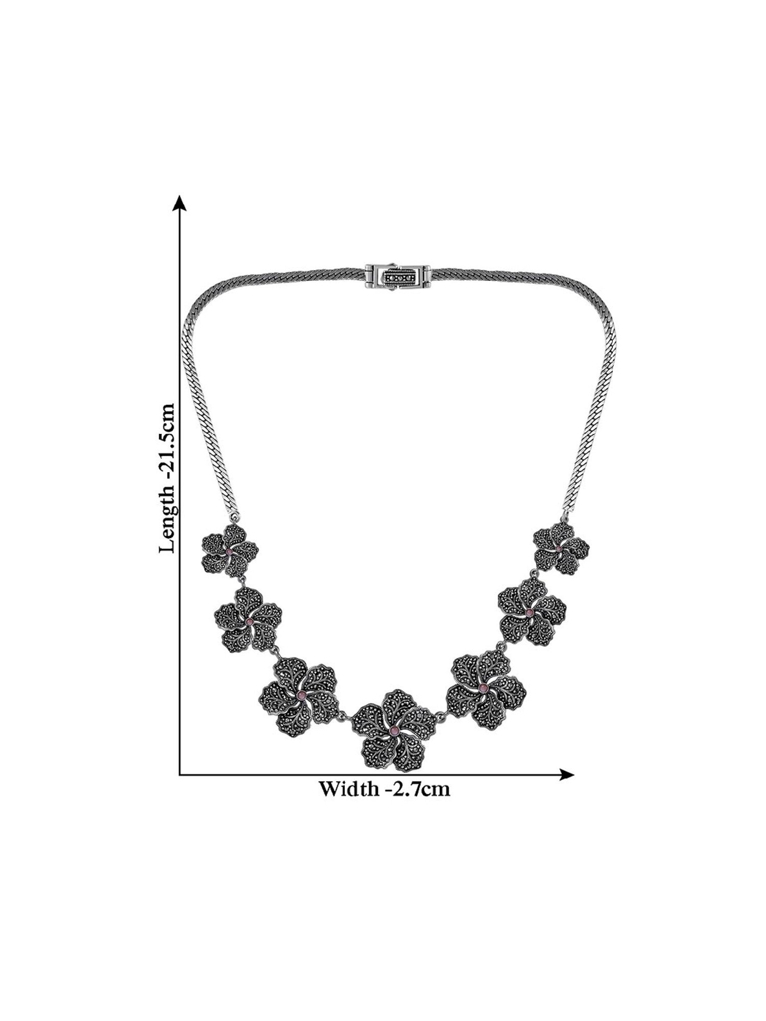 Rihi by P.C. Chandra Jewellers Oxidized Flower Necklace And Earring Set With Pink Stone