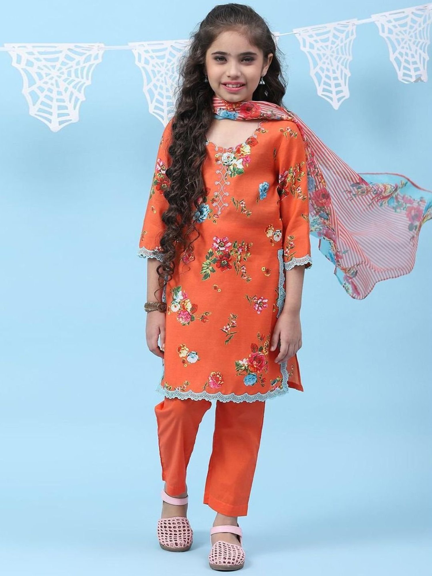 Biba Kids Orange & Sky Blue Floral Print Kurta Set