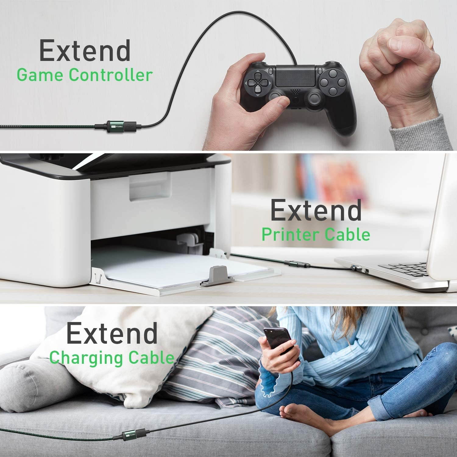 USB Extension Cable 10FT USB 3.0 Cable Extender Type A Male to Female ITANDA 5Gbps Data Transfer for Camera Printer Keyboard TV and More (Midnight Green+Gray)