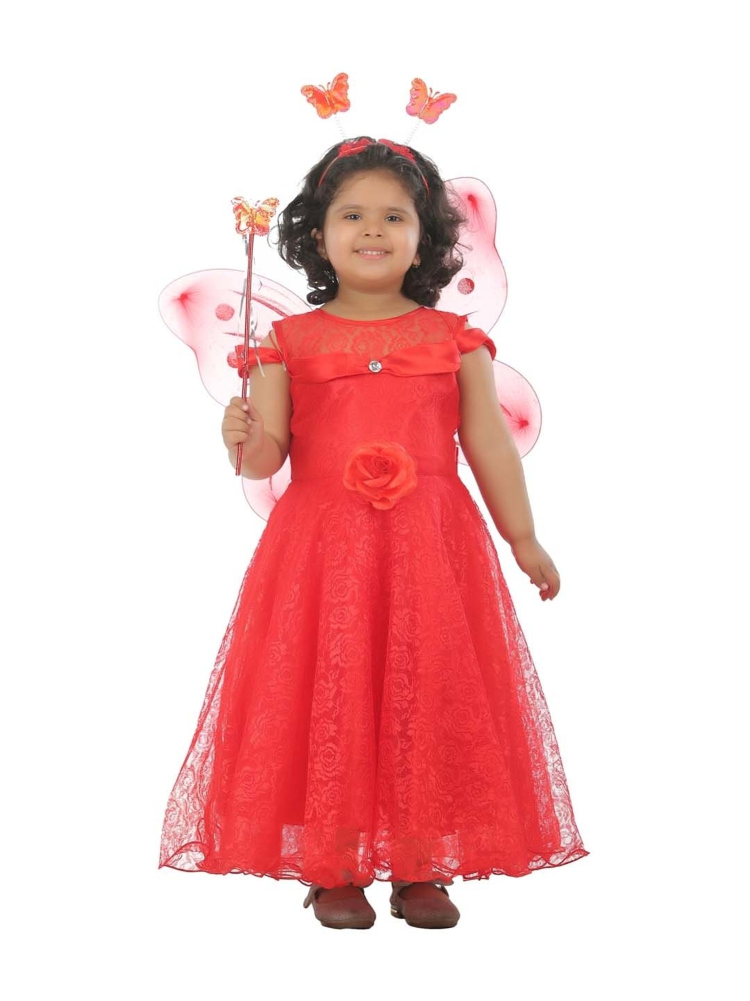 Ahhaaaa Kids Red Cotton Floral Print Dress