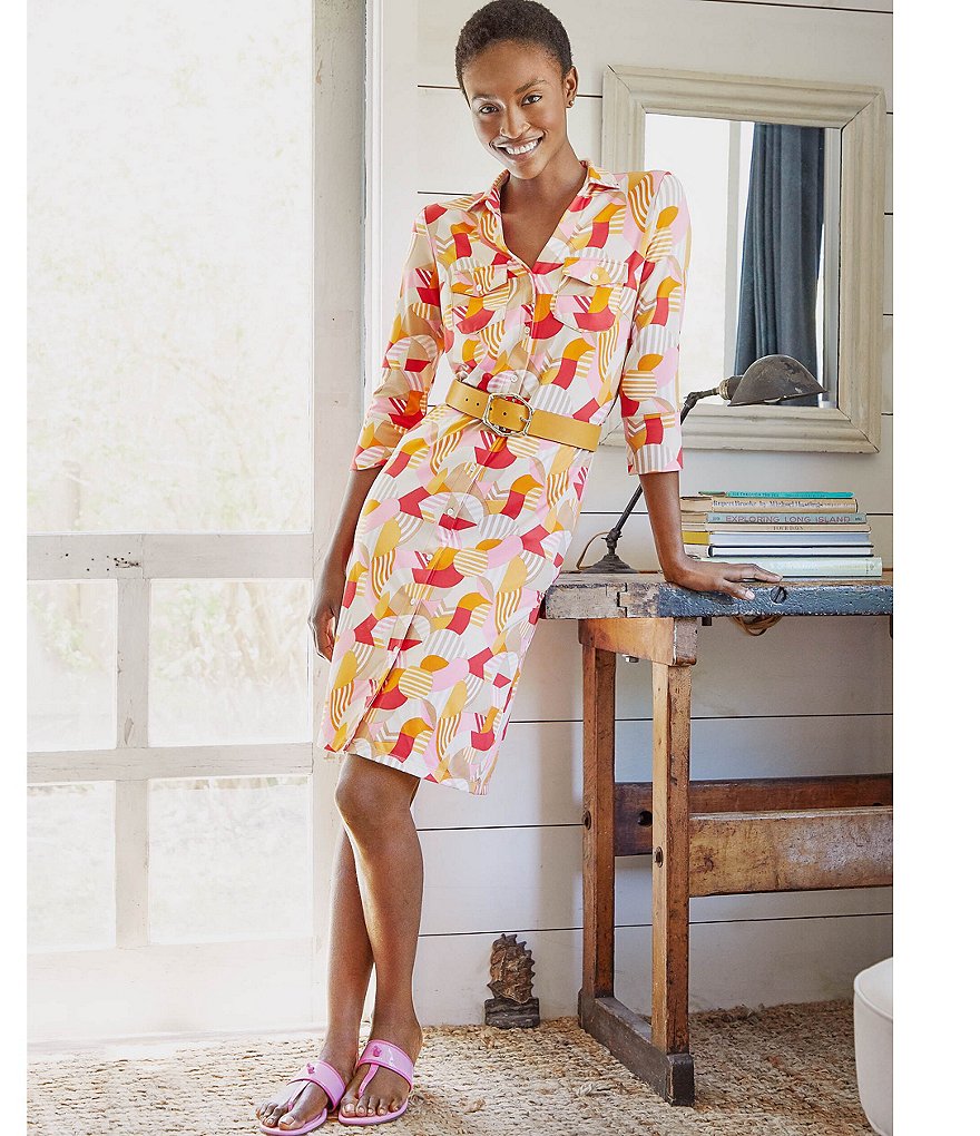 J.McLaughlin Brynn Geo Print Point Collar 3/4 Sleeve Knit Jersey Geo Print Shirtdress