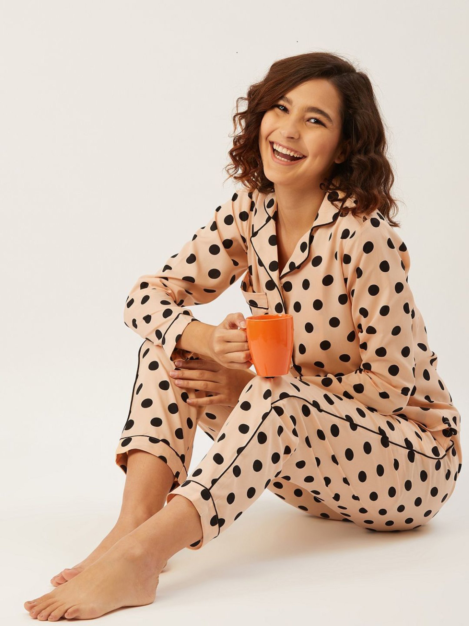 Anvi Be Yourself Cream Polka Dots Shirt Pyjama Set