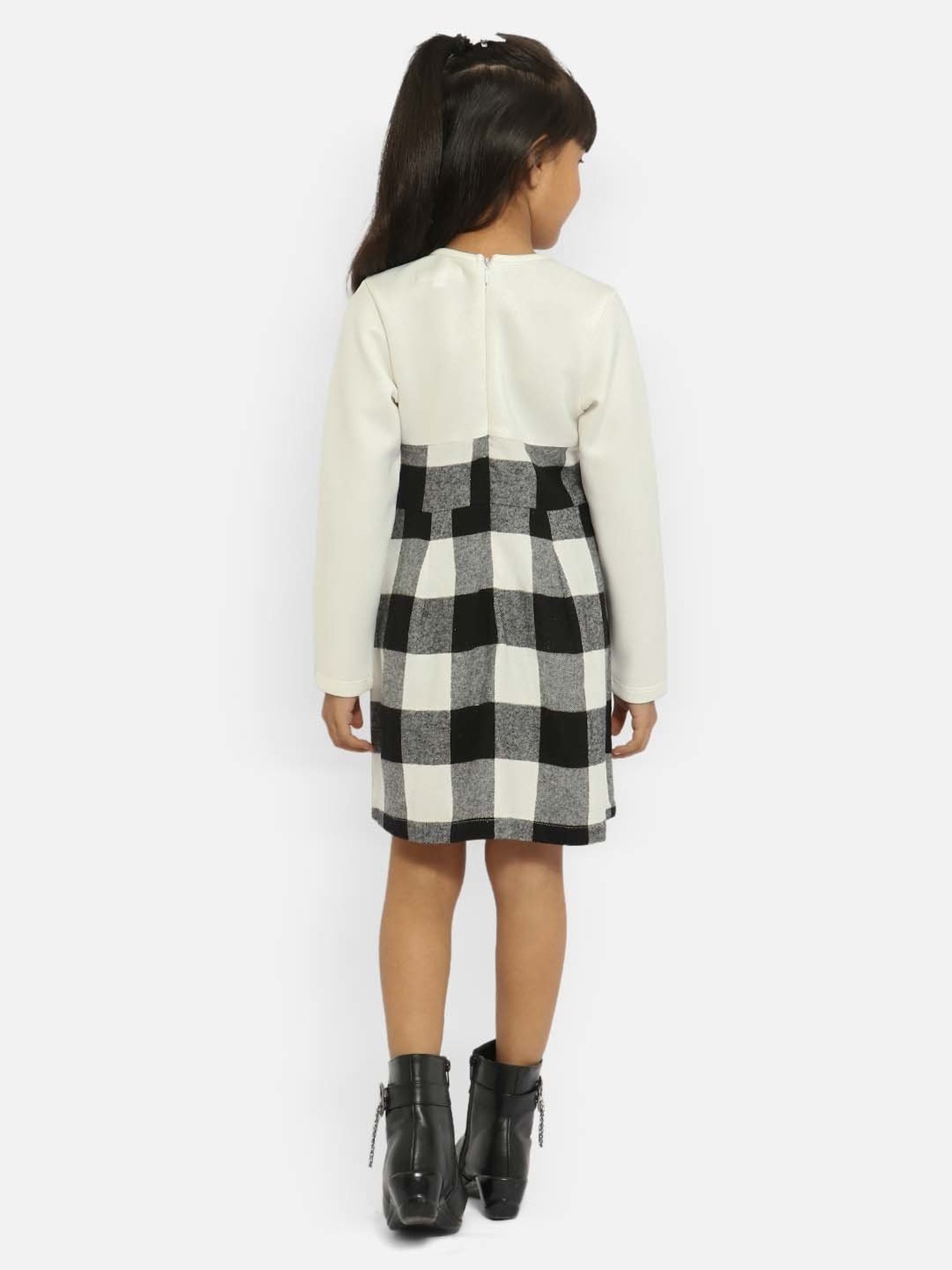 Nauti Nati Kids White & Black Checks Full Sleeves Dress