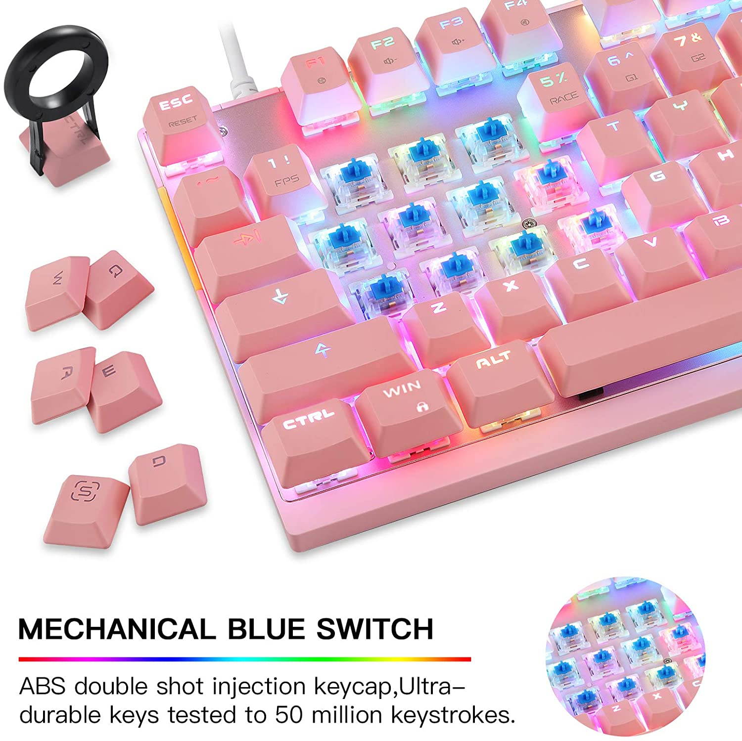 MOTOSPEED Professional Gaming Mechanical Keyboard RGB Rainbow Backlit 87 Keys Illuminated Computer USB Gaming Keyboard for Mac & PC Pink(Pink Keyboard Blue Switch)