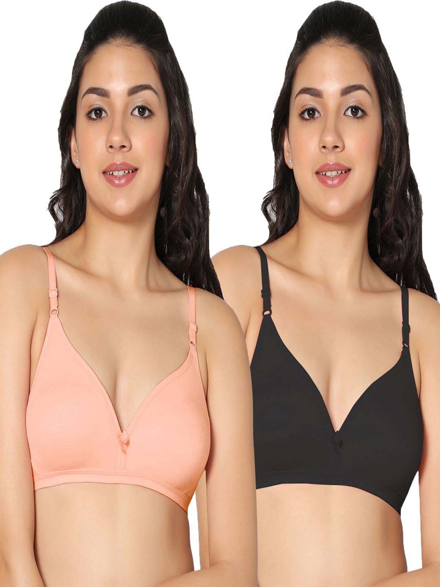 IN CARE Peach & Black Cotton T-Shirt Bras - Pack Of 2