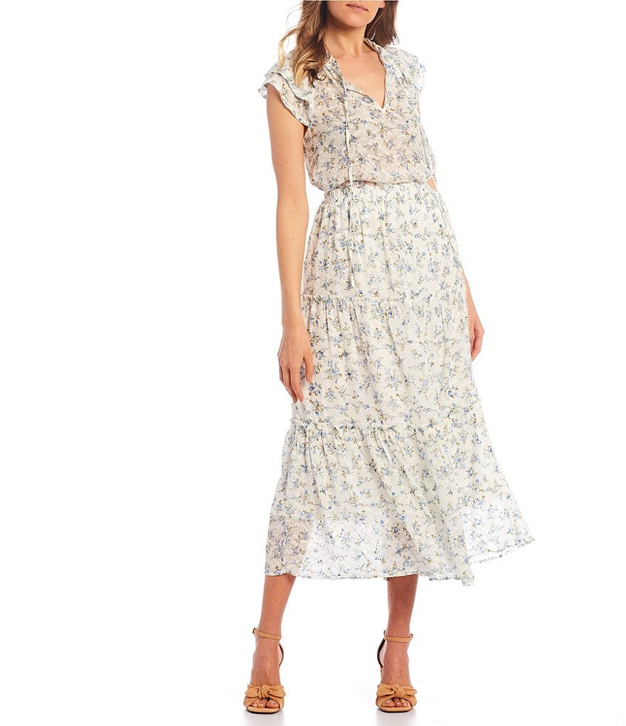 Blu Pepper Coordinating High Rise Floral Print Tiered Maxi Skirt