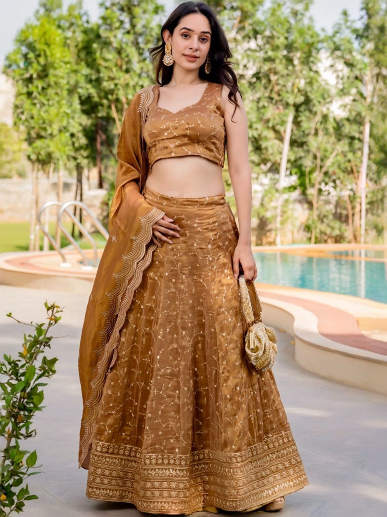 HOUSE OF JAMOTI Brown Embroidered Lehenga Choli Set With Dupatta