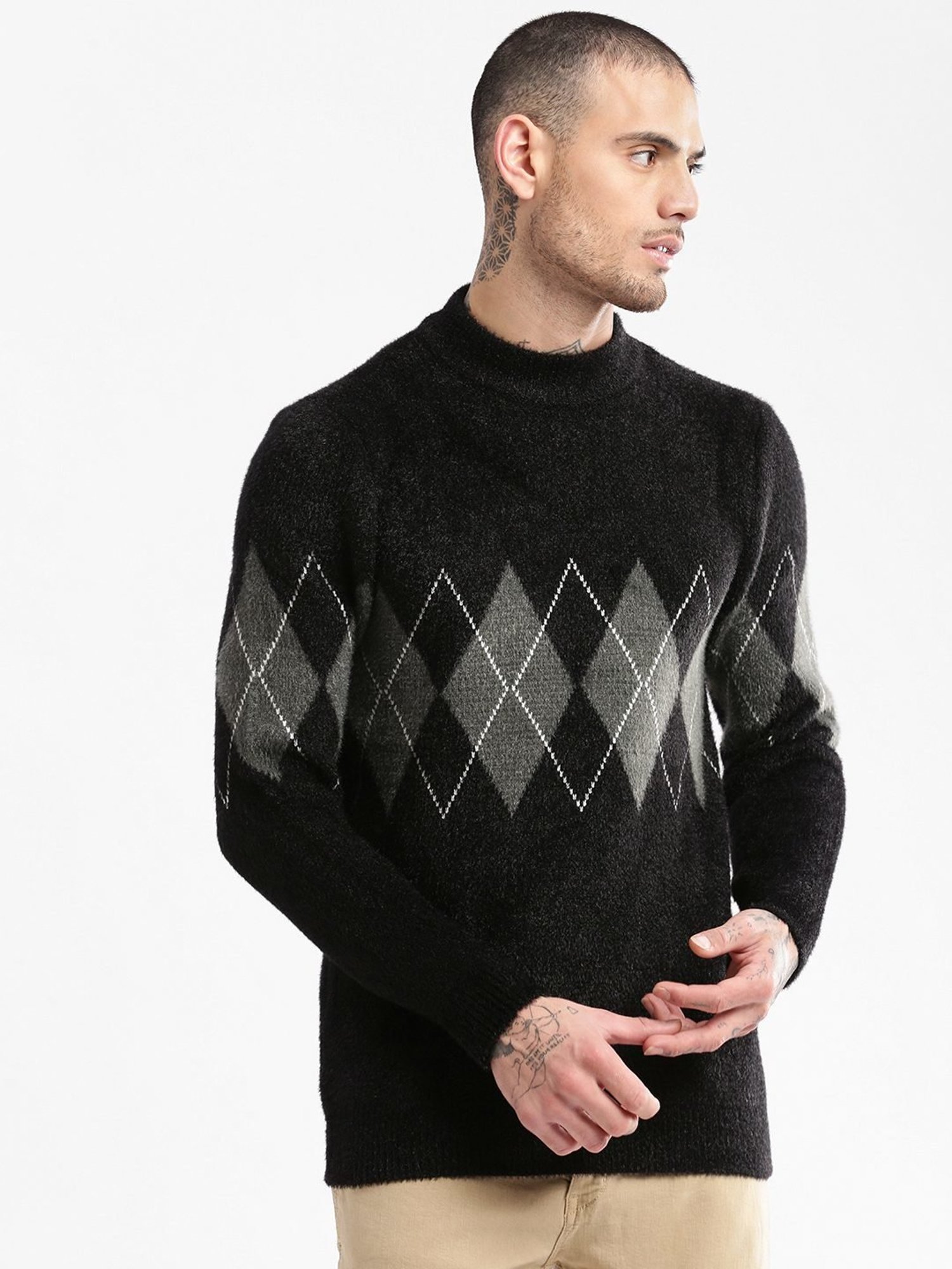 Showoff Black Slim Fit Printed Sweater