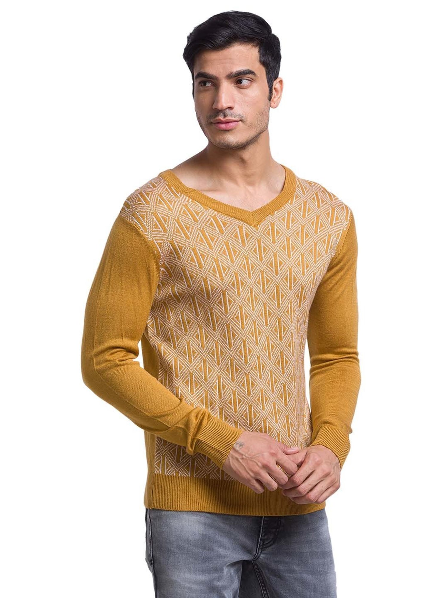 Parx Yellow Regular Fit Self Design Sweater