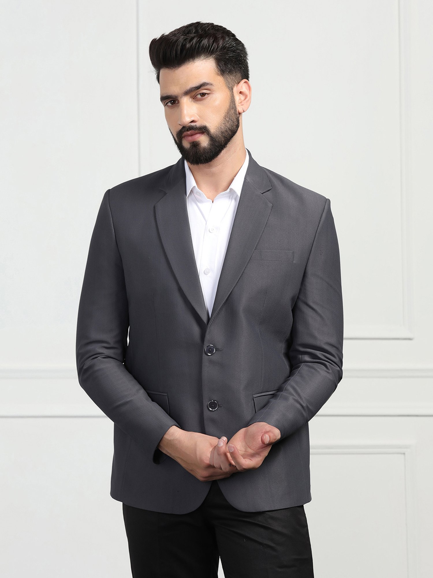 TAHVO Dark Grey Regular Fit Self Design Corduroy Blazer