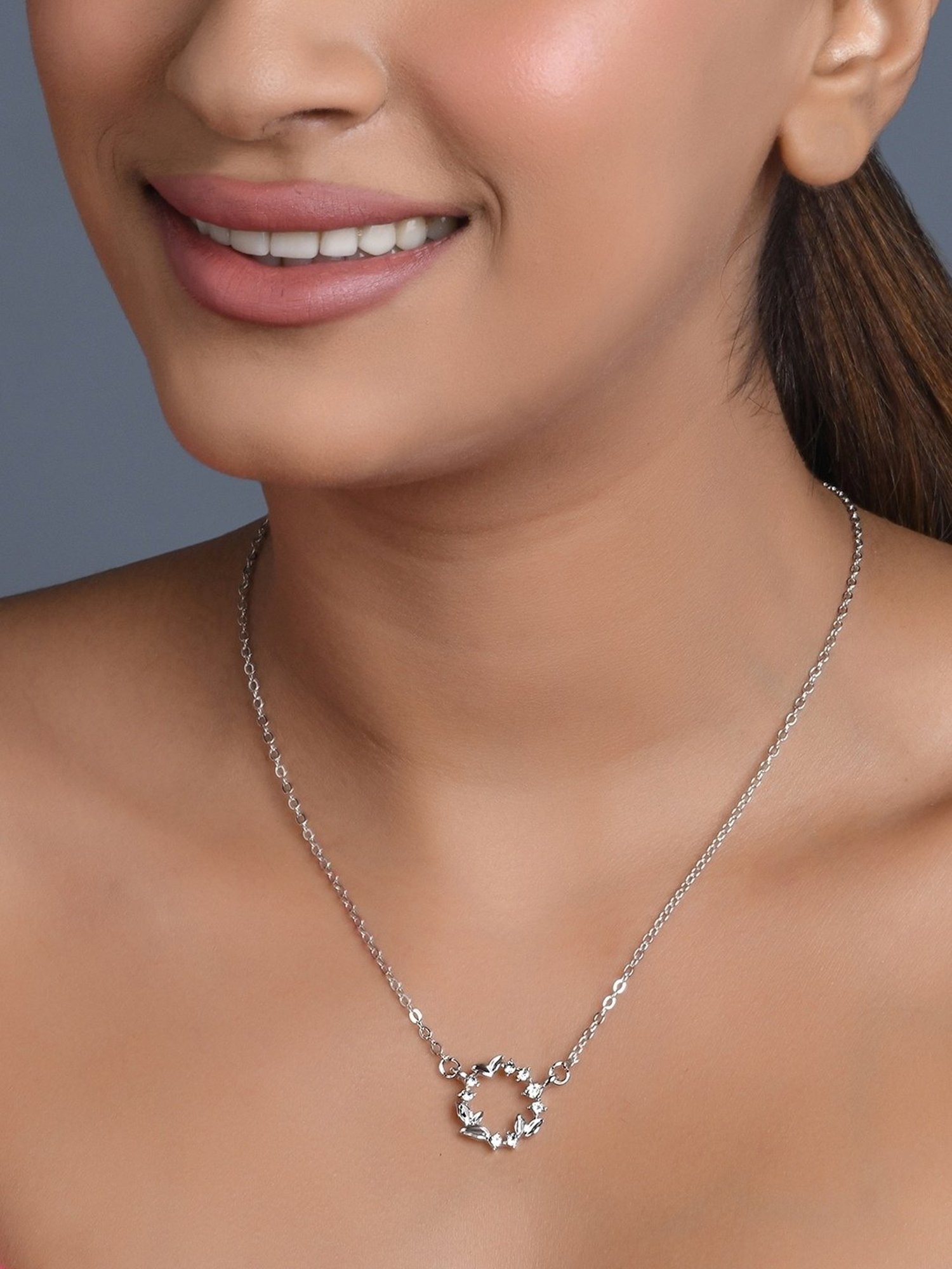 ToniQ Silver-Plated Floral Round Charm Necklace for Women