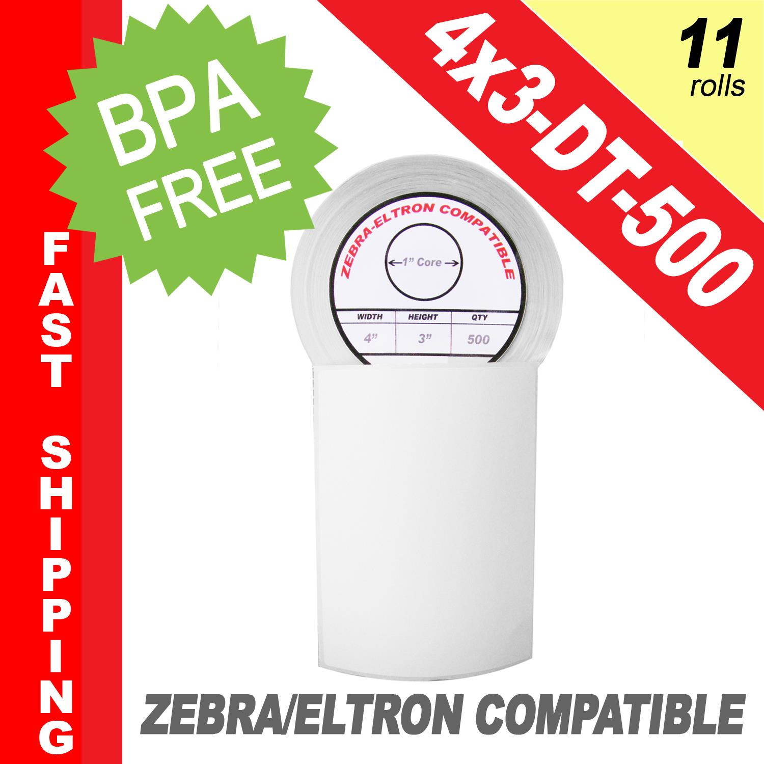 Zebra/Eltron-Compatible 4 x 3 Labels (4" x 3") -- BPA Free! (11 Rolls; 500 Labels per Roll)