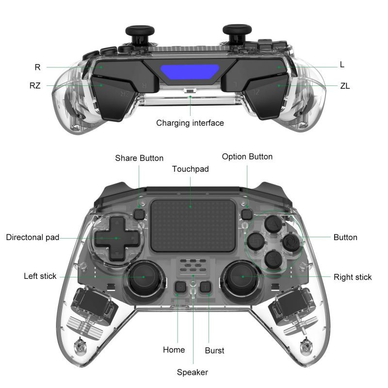 Clear Transparent Rapid Fire Wireless PS4 Game Controller,6-Axis Motion Sensor Dual Vibration Gamepad for Play Station 4 Built in Speaker and 3.5mm Headphone Jack,Support Turbo Function