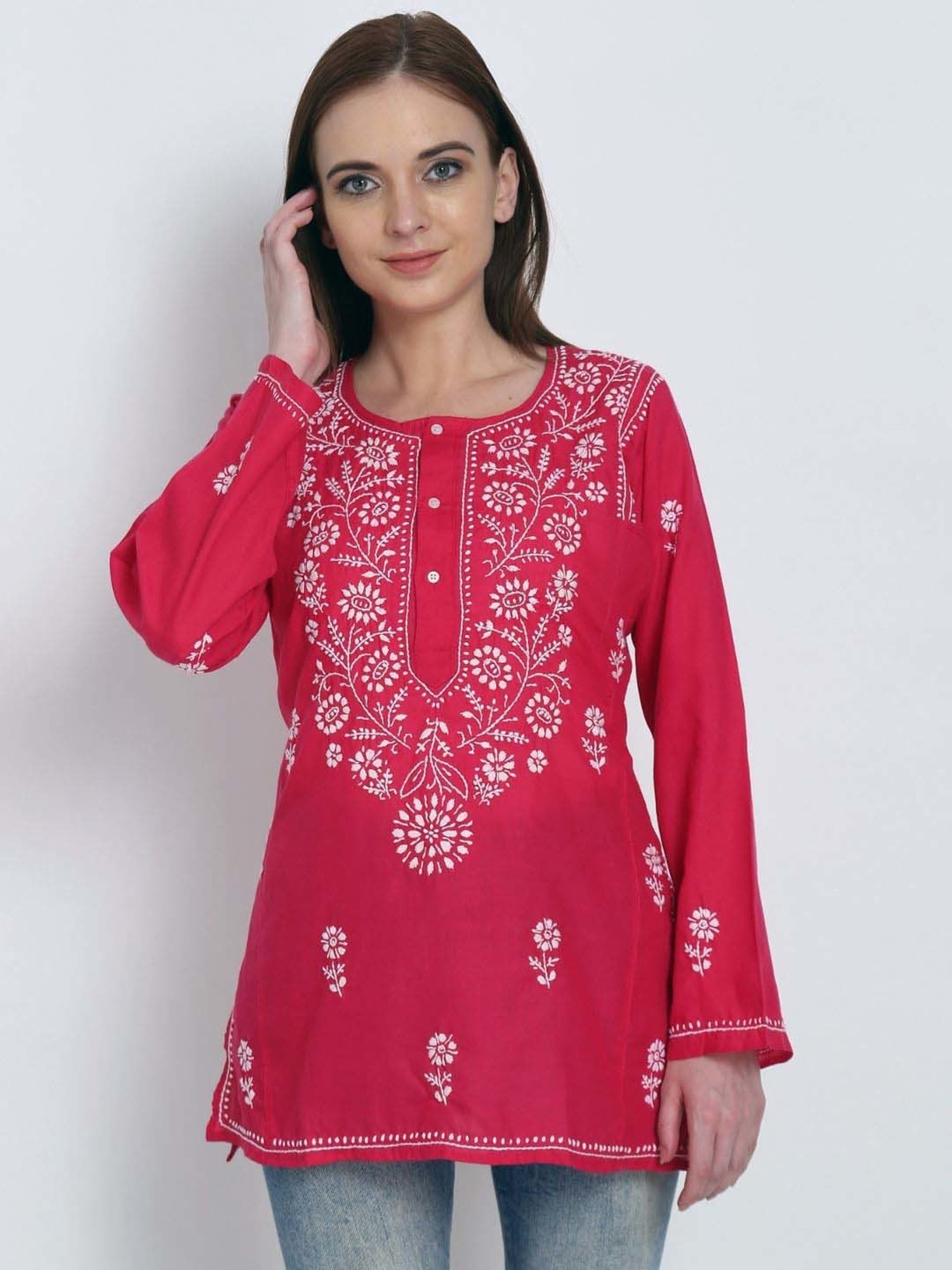 PARAMOUNT CHIKAN Magenta Cotton Chikankari Straight Kurti