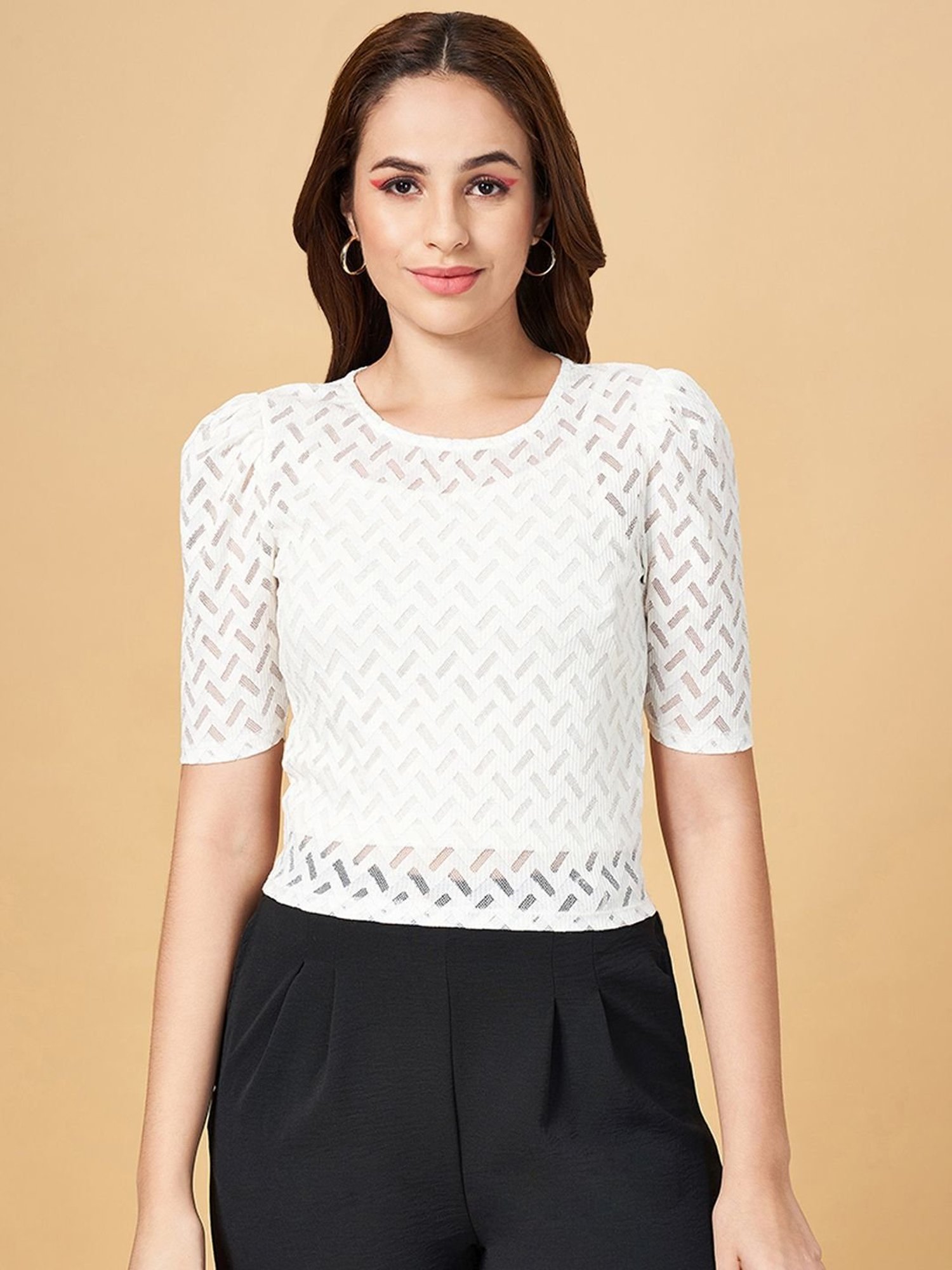 People by Pantaloons Off-White Self Pattern Top