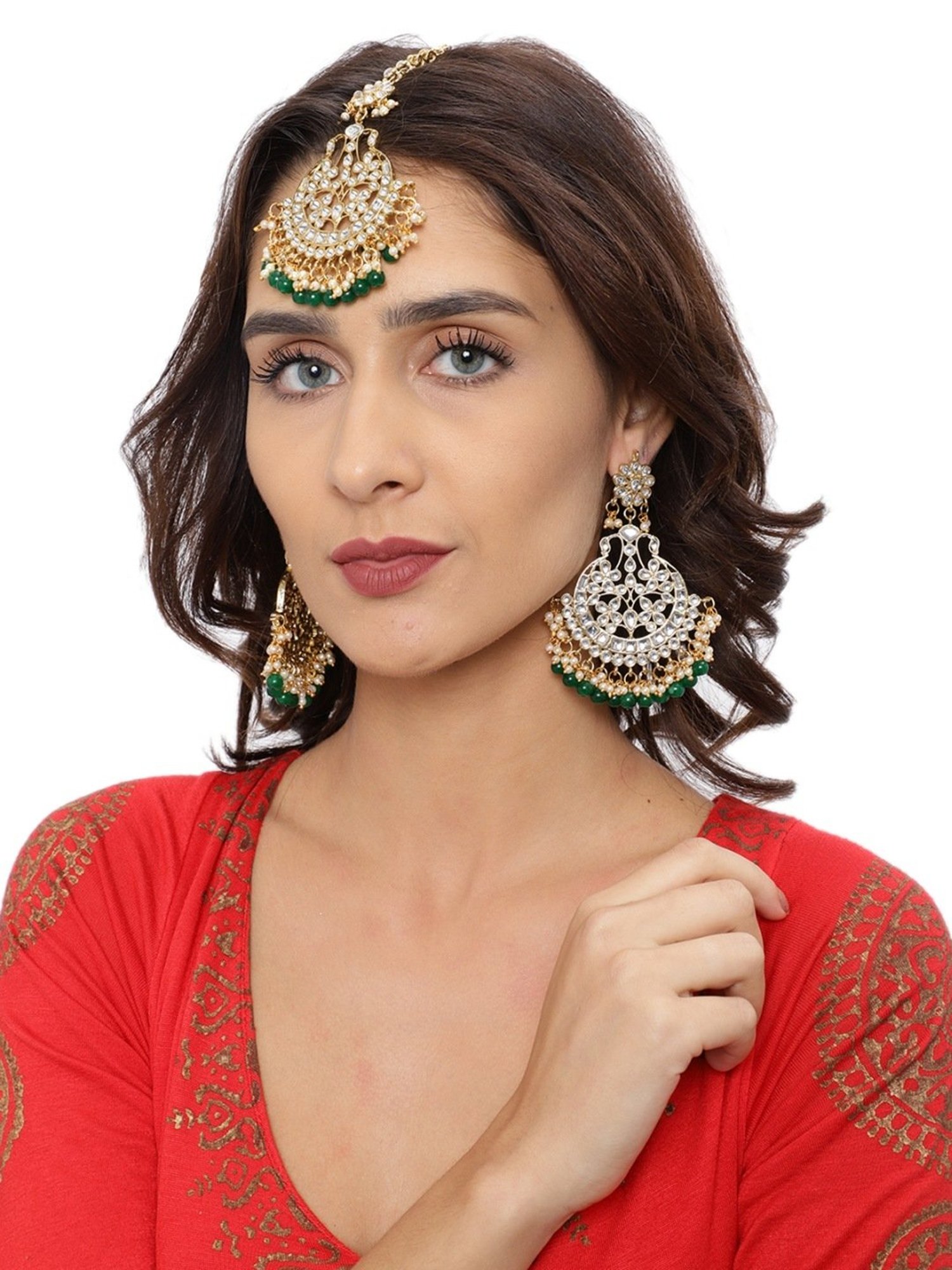 Zaveri Pearls Green & Clear Alloy Earring & Maang Tikka Set